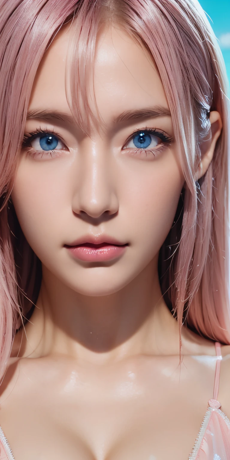 portrait , Practical, blue eyes, pink platinum hair, big breasts, 4K resolution , High Quality CG, Beautiful CG, Soft Light , micro bikini