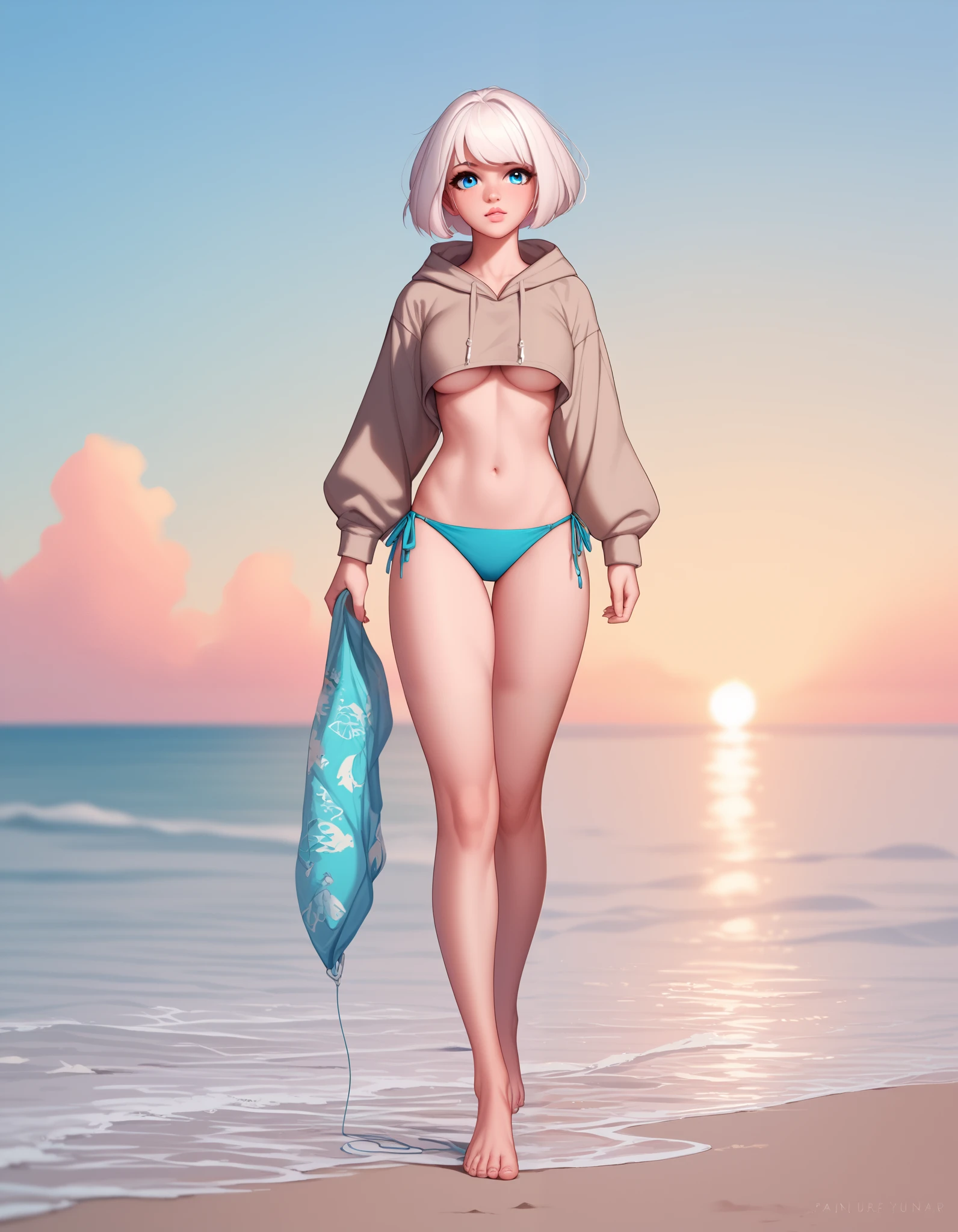 Cute 20 something year old girl, white hair, bob haircut, pastel blue eyes, slightly pointed nose proportional to her face, soft naturally pink lips, medium breasts, wearing a cute string bikini, underboob, perfect hands, perfect legs, bare legs, barefoot, walking along a beach at sunset, very detailed, holding a discarded light brown hoodie in her hands