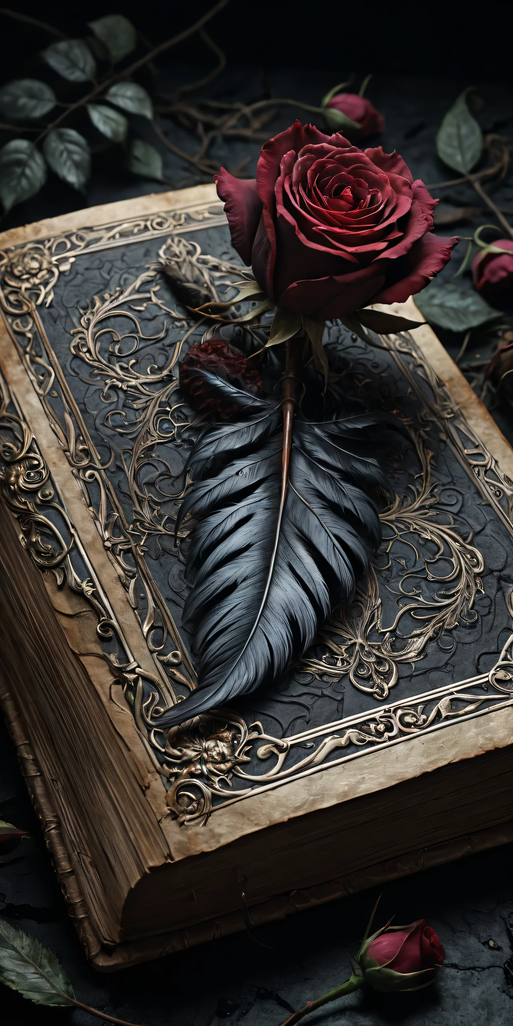 Masterpiece, raw photo, high quality, Masterpiece, raw photo, high quality, realistic, intricate diorama, photorealism, intricate details, extremely detailed, outstanding intricacies, hires textures, high detail, incredibly detailed, cinematic lighting,photo, Fantasy art style, Ethereal, A disturbing book, discovered in the darkest of places. It should have been left where it was found, shrouded in mystery, lost, but we uncovered it and its dark mysteries. Now we are cursed by its forces, forever bond to its horrors. The book has brought out the worst in us and we are forever cursed.roses feather rich dark colors, vibrant style, dark hues, night, charcoal drawing, 8k, 16k, uhd, sharp lines, (lots of details:1.2), extremely detailed, absurdres, intricate detailed, cinematic scene, best quality, high detailed, ultra sharp, photorealistic, award winning, Masterpiece, raw photo, high quality, realistic, intricate diorama, photorealism, intricate details, extremely detailed, outstanding intricacies, hires textures, high detail, incredibly detailed, cinematic lighting,photo, Fantasy art style, Ethereal, A disturbing book, discovered in the darkest of places. It should have been left where it was found, shrouded in mystery, lost, but we uncovered it and its dark mysteries. Now we are cursed by its forces, forever bond to its horrors. The book has brought out the worst in us and we are forever cursed.roses feather rich dark colors, vibrant style, dark hues, night, charcoal drawing, 8k, 16k, uhd, sharp lines, (lots of details:1.2), extremely detailed, absurdres, intricate detailed, cinematic scene, best quality, high detailed, ultra sharp, photorealistic, award winning, 8k, 16k, uhd, sharp lines, (lots of details:1.2), extremely detailed, absurdres, intricate detailed, cinematic scene, best quality, high detailed, ultra sharp, photorealistic, award winning,