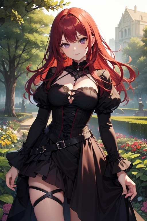 ((masterpiece, best quality)), (1girl),((mature female)), red hair, hairband, bangs, long hair, two piece strapless suit, micro suit, __location__， leotard, , black hairband, shoulder cutout, black thitying hair,curvy,cleavage,confident, ((flying petal)),(Flowery meadow) sky, cloudy_sky, building, sunlight, sun, evening,, (evening theme:1.3), light, fantasy,