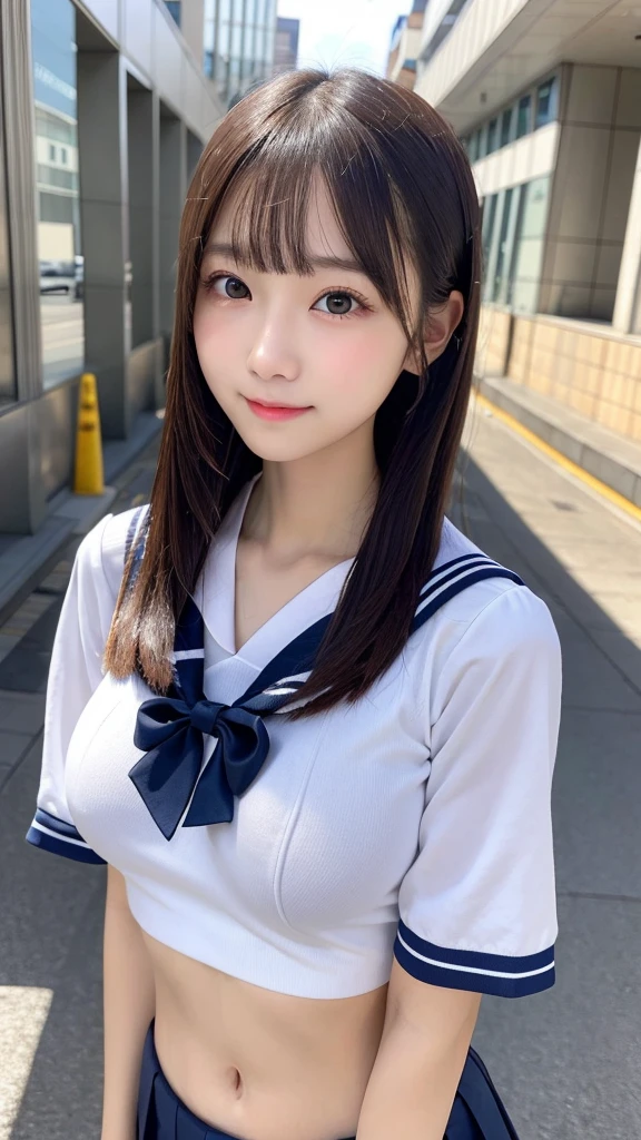 (8K、RAWE Photo、highest quality、masterpiece:1.2)、(real、photorealistic:1.37)、1 beautiful Japan schoolgirl、perfect body、18-year-old、Sexy schoolgirl uniform、Medium Boob:1.8、(Photographing the subject from below)、(((hanging breasts, underboob、Are thin)))、underboob、oily skin:1.5、thin、 (Sexy uniform with a slight view of the underside of the chest)、((目に見えるunderboob、Uniform with visible ribs and belly button))、Super miniskirt visible、((look at the audience))、Happy smile