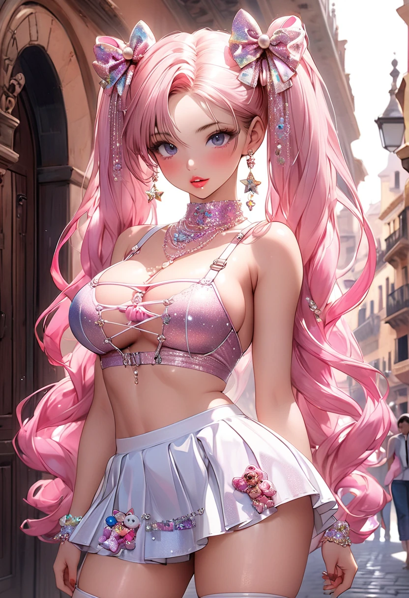 masterpiece, concept art, dynamic angle, a girl with pink hair blowing a bubble, by WLOP, featured on cgsociety, photorealism, lolita style, soft shadows on the face, sculpted out of candy, [ bubbles, naver fanpop, blonde anime girl with long hair, ( ( ( anime ) ) ), a human-like juicy peach