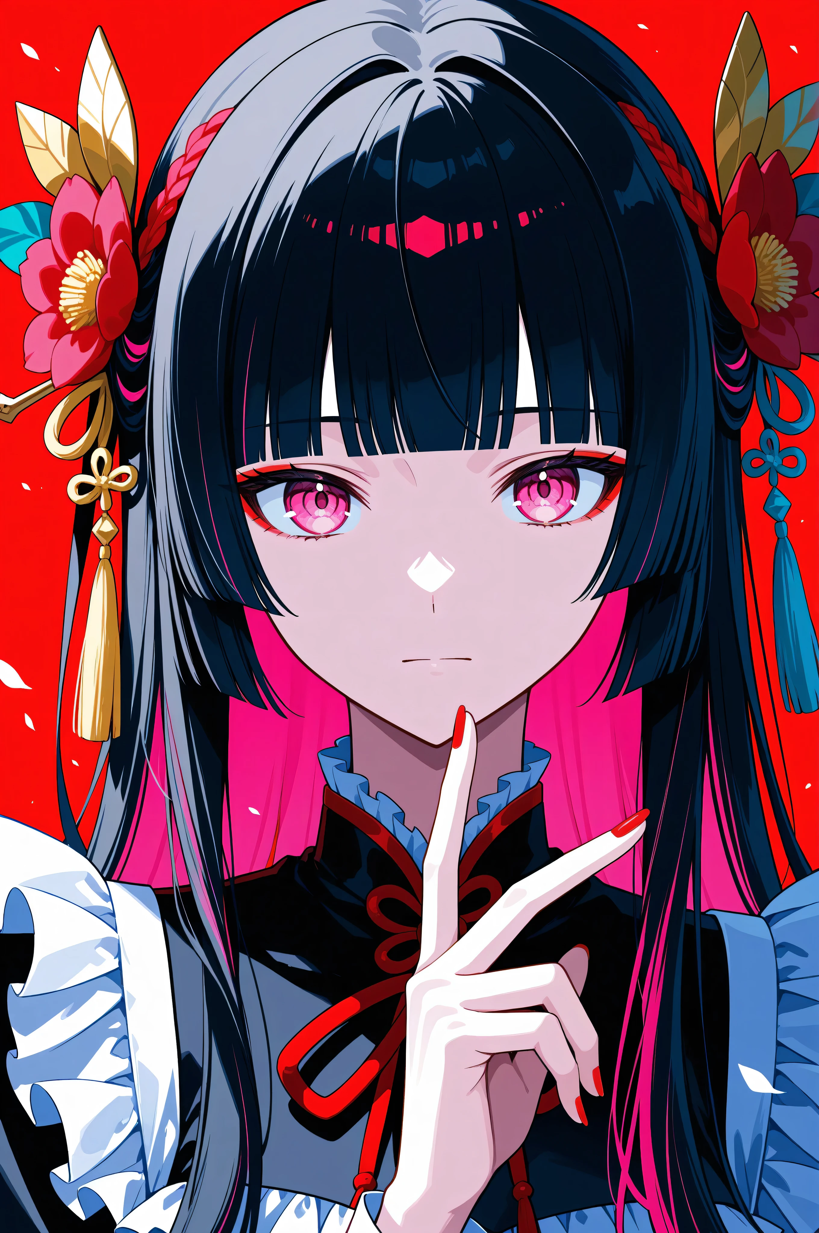 woman, solo, red nails, looking at viewer, bangs, pink eyes, long hair, black hair, hair ornament, hand up, flower, blunt bangs, closed mouth, tassel, ribbon, portrait, colorful, red background, frills, multicolored hair, upper body,
