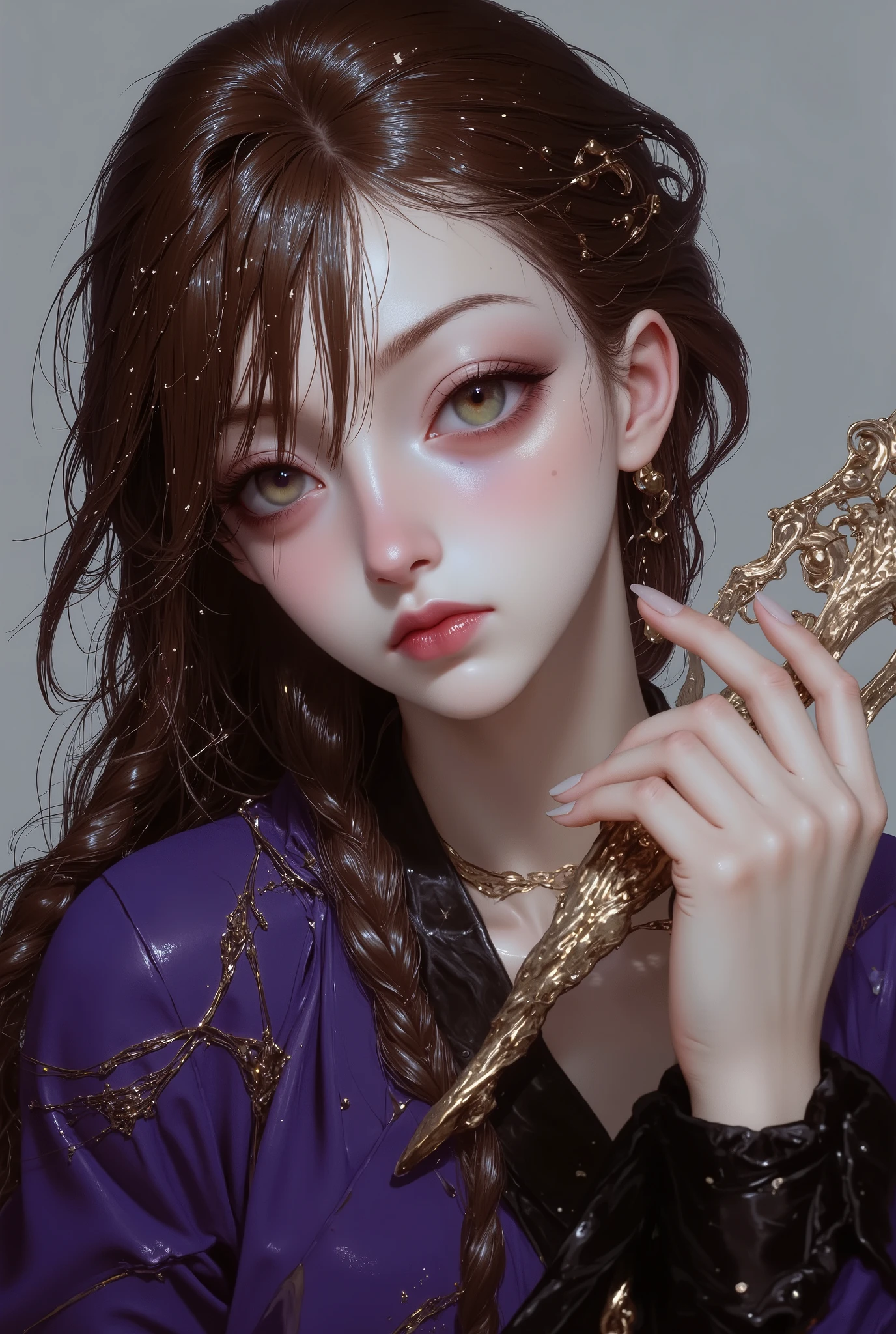 Girl, long brown hair, brown eyes, sharp detailed features, white skin, light pink lips, perfect, dark purple sweater .