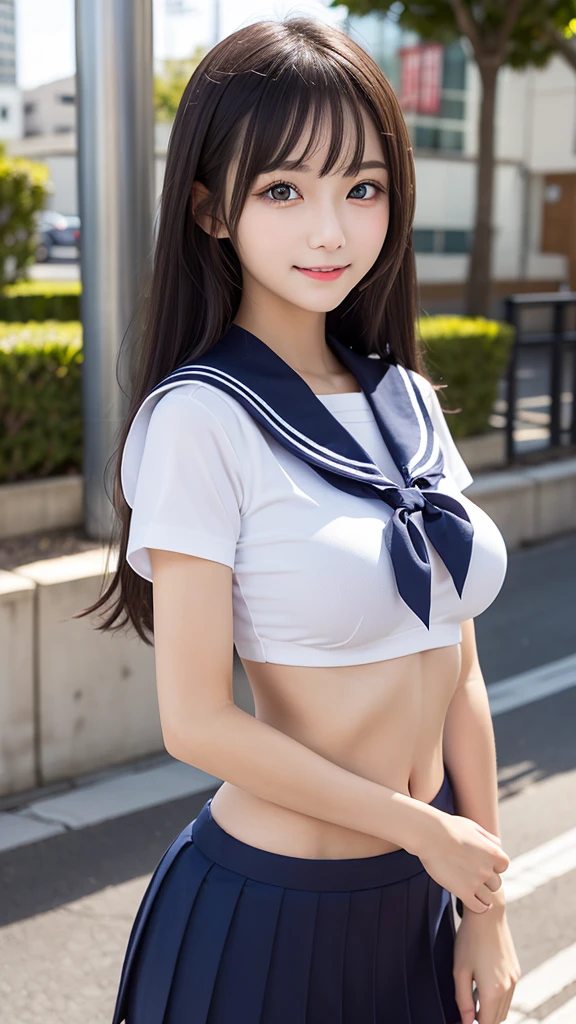 NSFW, highest quality、masterpiece、Gravure quality、8K, japanese woman、18-year-old、whole body、naked、Just a sailor uniform collar and a scarf around my neck、pinch your nipples、beautifully styled hair、thin、super huge breasts、White skin with increased luster、White cuffs、Boyish and innocent face、white short socks、take a pose、perfect composition