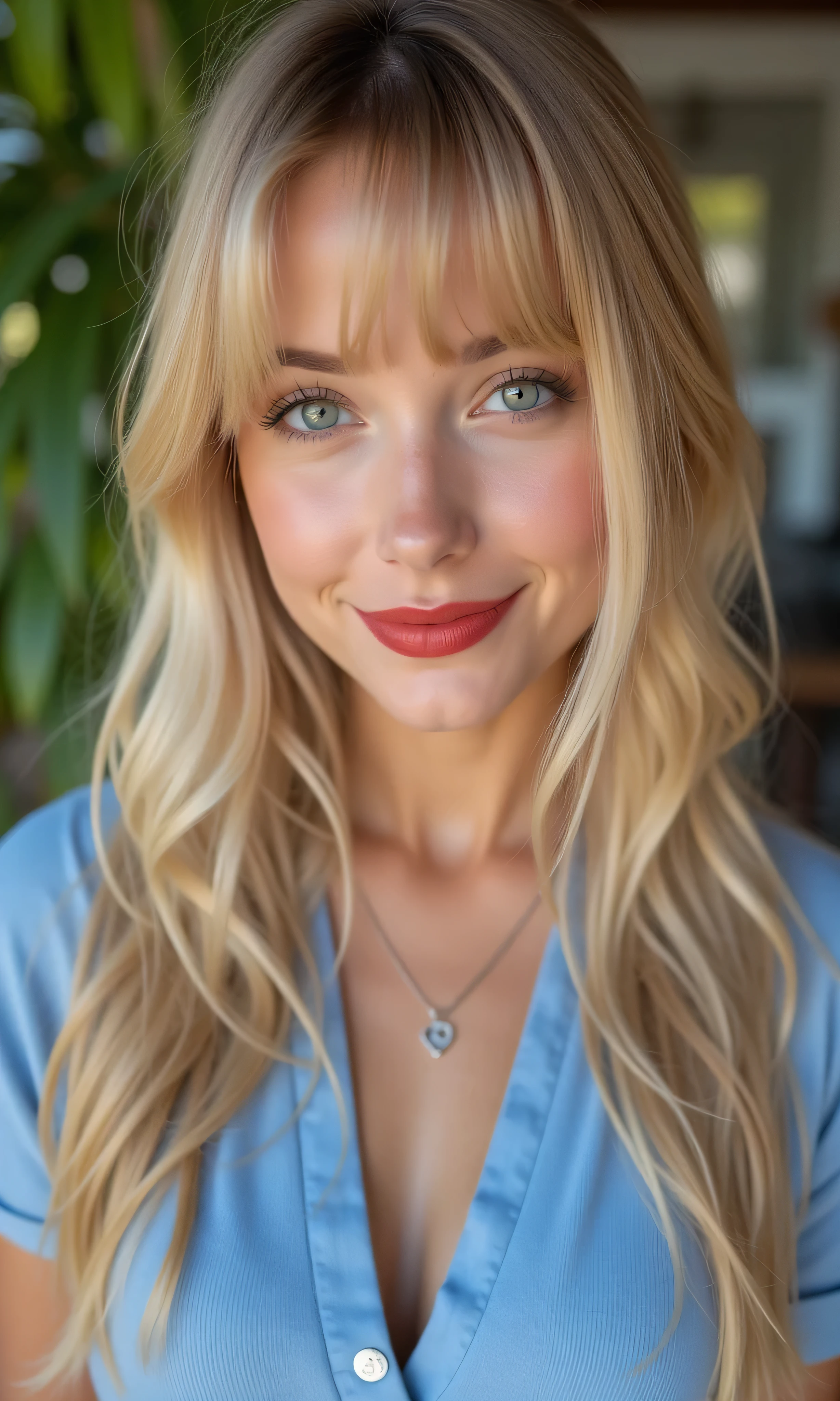 (Masterpeace, high quality, high resolution, realistic photo selfie, photography), beautiful woman, full face photo, forelock, bangs, with light eyes, portrait, beautiful and detailed face, cute smile, Angelic Look, great detail of her face. Great detail of the background and environment . Beautiful girl, Red lips, long loose hair, sensual. A beautiful blonde woman in a blue outfit. It seems that she is taking it out little by little in a garden of the house.
