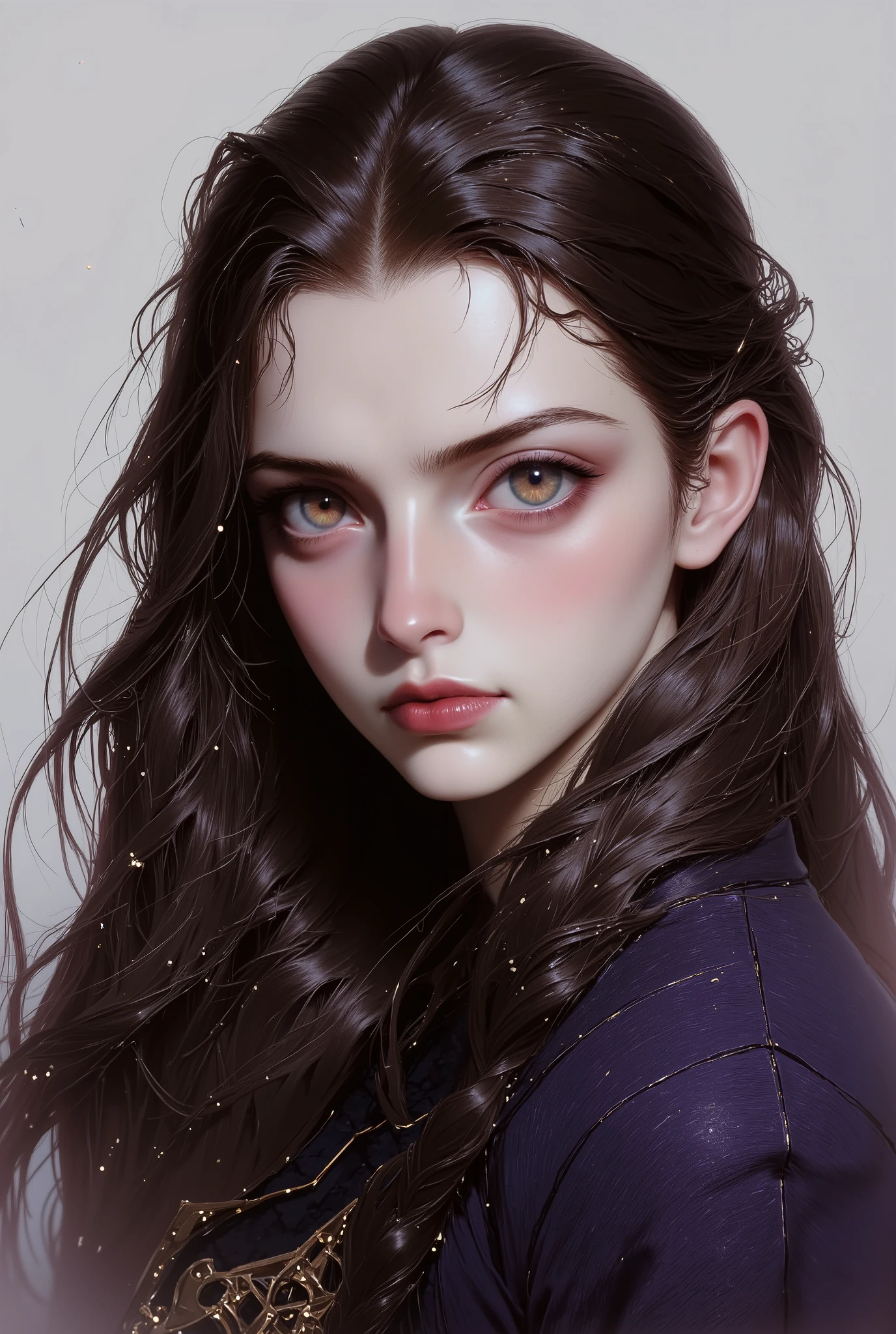 Girl, long brown hair, brown eyes, sharp detailed features, white skin, light pink lips, perfect, dark purple sweater .