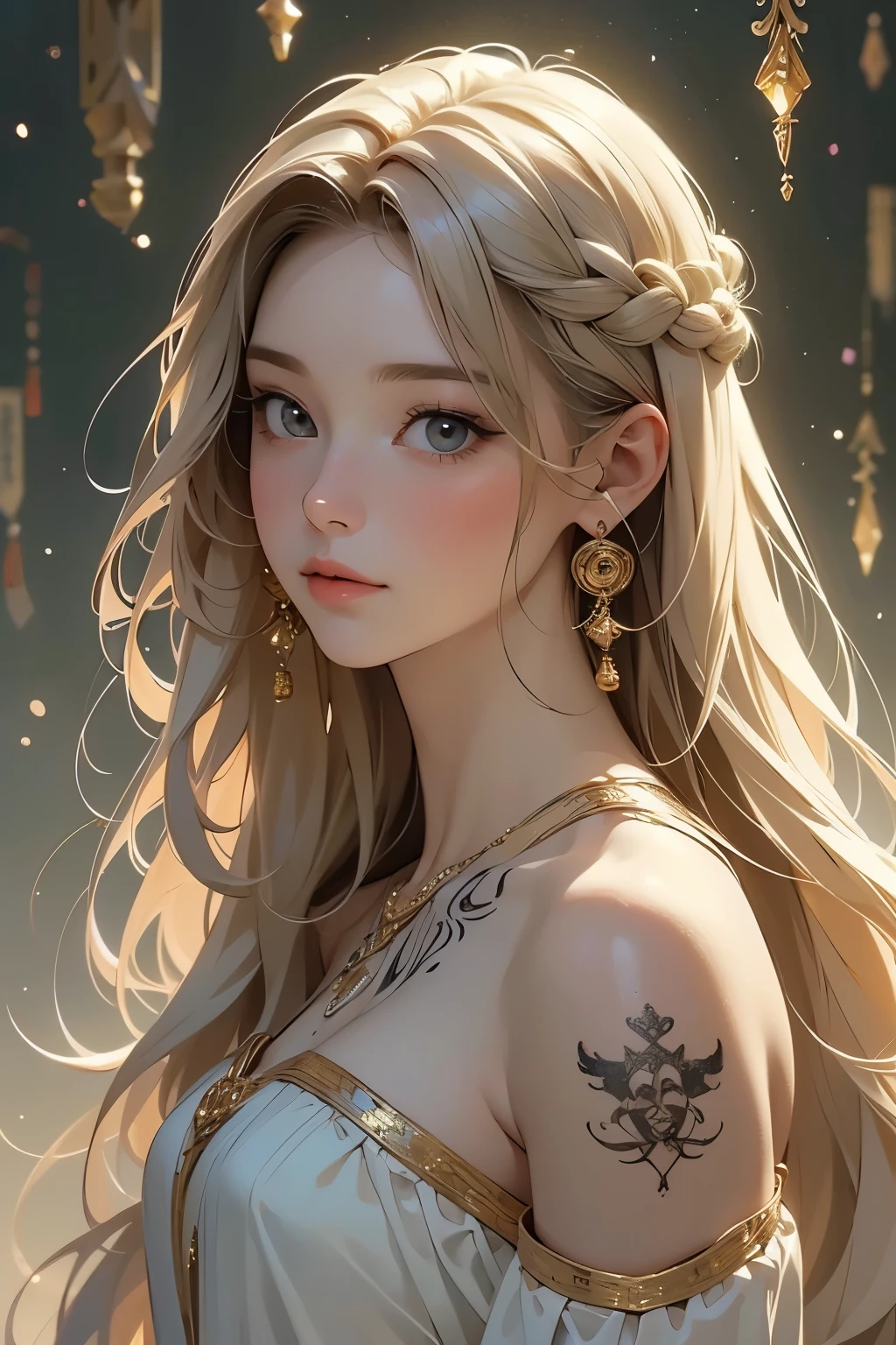 ( A Young Lady Angel )、 portrait ,(whole body)、 detailed face, detailed skin, beautiful hair、 Klimt Style 、Ink Art, Fibonacci, ( TOP QUALITY、 high resolution、 Masterpiece)、8k、 wallpaper、