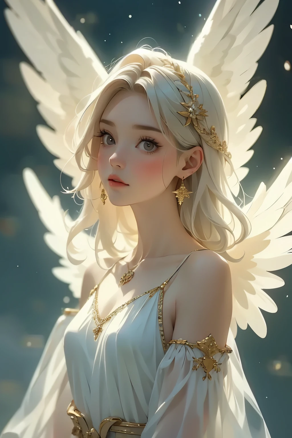 ((ultra quality)), ((realistic,digital art)), (hyper detailed) a beautiful angel woman with halo of light, nude, intricate detailed face, delicate facial features, porcelain skin, ethereal, serene expression, elegant pose, feathered wings, graceful, divine, shimmering light effects, cinematic lighting, chiaroscuro, dramatic shadows, muted color palette, romantic, dreamlike, mystical