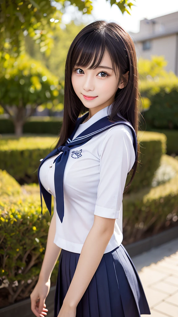 (8k, RAW Photos, Highest quality, masterpiece:1.2), (Twin tails), alone, Looking at the audience, Viewed from the front, ((性欲が強いhigh school girl:1.5))、Beautiful white skin, knees, Absurd face is small, Part your bangs down the middle, The forehead is visible, Glare, ((Mischievous Smile:1.3)), Ultra-high resolution, cute, (exterior々Colorful and sexy uniforms:1.5), high school girl, (Baby Face:1.5), Japanese women, Are standing, (Photorealistic:1.37), Photon Mapping, Realistic, cute顔が小さい, Brown eyes, prospect, Written boundary depth, Blurred Background, (I can see the bangs), Silky smooth hair, Beautiful thin thighs, Small beautiful butt, Light clothing, thigh, Nogizaka idol, Idol, (Detailed hands:1.2, Accurate hands:1.1, Beautiful little hands of a girl:1.3), (Small small breasts:1.3, Cleavage), Super quality, Low people, (Clear white skin, Skin with visible pores:1.2), (Focus on the face), Check and correct the garment construction, (Perfect Anatomy:1.3), (Detailed eyes and face:1.2, Professional photography techniques), ((Naughty pose))