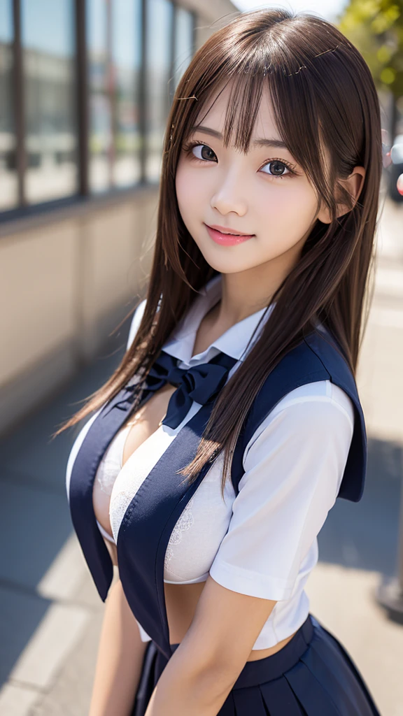 Highly detailed CG Unity 8K wallpaper, With the highest quality, super detailed, Master Piece, Realistic, photograph realistic, extremely detailed cute girl, 25 years old , (cute maid costumes ), smile , Round eyes, large breasts , looking viewer, Half body shot , living , (leaning forward) , low twintails