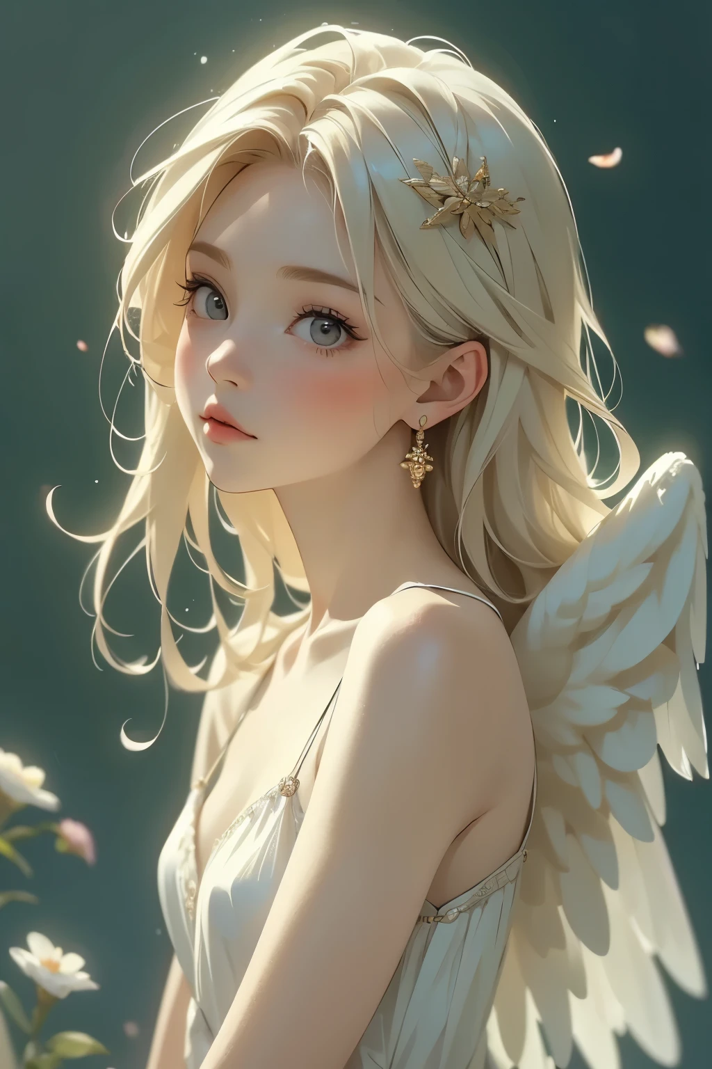 (  A Young Lady Angel )、 portrait ，(whole body)、   detailed face,   detailed skin,   beautiful hair、 Klimt Style 、Ink Art, Fibonacci,  (  TOP QUALITY、   high resolution、  Masterpiece)、8k、 wallpaper、
