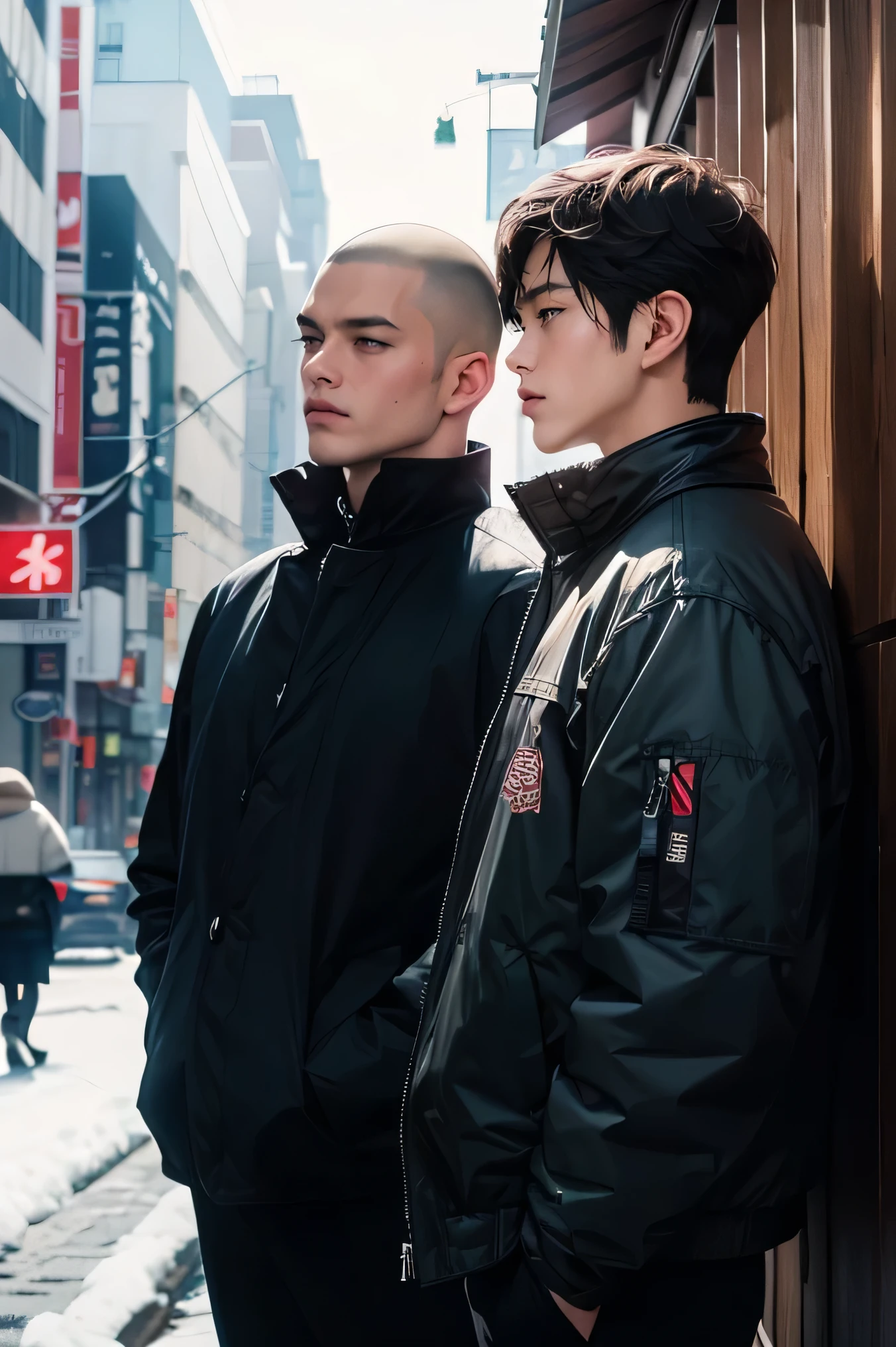 Two Japanese people handsome short dark hair short cropped Two men of the same generation Slim figure It's a cold snowy day outside Composition with bigger characters Two Japanese people handsome short dark hair short cropped two men of the same generation down jacket word bedrooms two men of the same generation skinhead Remove the red sign in the background
