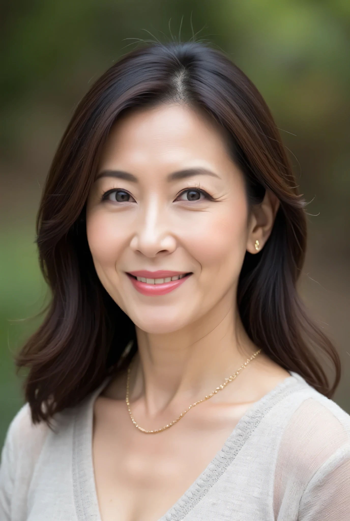  beautiful middle-aged woman  (48 years old: 1.4),  wavy dark hair  , fine laugh lines: 1.2, and a bewitching smile .   。 sharp facial details  ,  Amazing Beauty  (Ultimate beauty),  It features 、 (lipstick: 1.1), ( eyeliner: 1.2),  mascara,  and eyeshadow .  model exudes elegance and confidence ,  Large garden nearby and high resolution , photo by Nomi quality ( by Nomi: 1.2, hyper by Nomi: 1.1, photo by Nomi: 1.37),   Unmatched Beauty live venue ,  and formal aesthetics   (1.4).   The image is rendered with sharp focus   (1.4), , tolerates depth of field,   and physical base rendering  .  Each fashion pattern has sophisticated seasonal styling, 。 The image exudes clarity and refinement  。Moss colored v-neck knit dress ,  with makeup including a blurred abstract background 、  reflects quiet refinement . photo showing the whole body 
