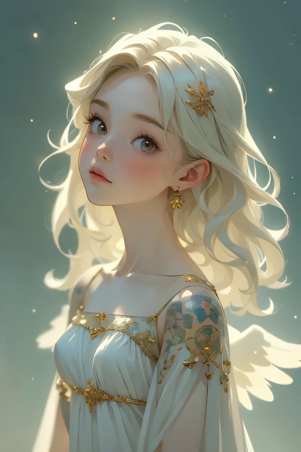 ( A Young Lady Angel )、 portrait ,(whole body)、 detailed face, detailed skin, beautiful hair、 Klimt Style 、Ink Art, Fibonacci, ( TOP QUALITY、 high resolution、 Masterpiece)、8k、 wallpaper、