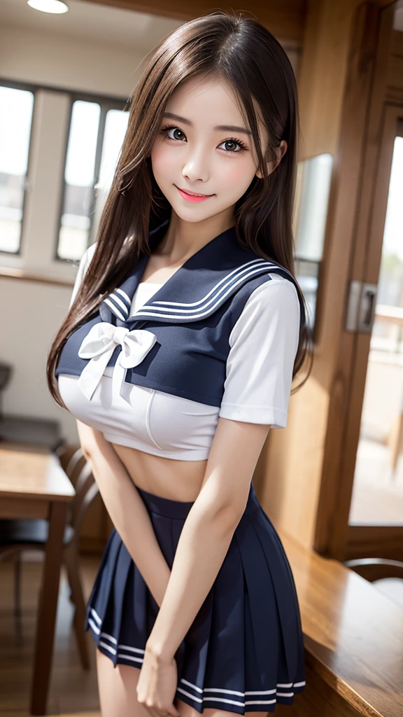 8K, Highest quality, high resolution, 活気ofある, 実在of人物,手of指of正確な数:1.5、(((Pose with an emphasis on the target.、Focus on the target.)))、 (((半透明of)))ยึดติดกับผิวหนังofคุณและเปิดเผยร่างกายofคุณ、ぴったりとした襟付きofセーラー服'S字型ofようなボディスーツ.、white and navy blue、ribbon、Sailor Hut、超かわいい女of子、Generation 10、アイドルグループof一員、in concert「of　peace」Dancing、Spread your legs wide and place your hands on your hips.、two finger greetings、Looks cheerful、Sweating、髪of毛が躍動している、Spotlight、Stunning light and shadow、three dimensional、