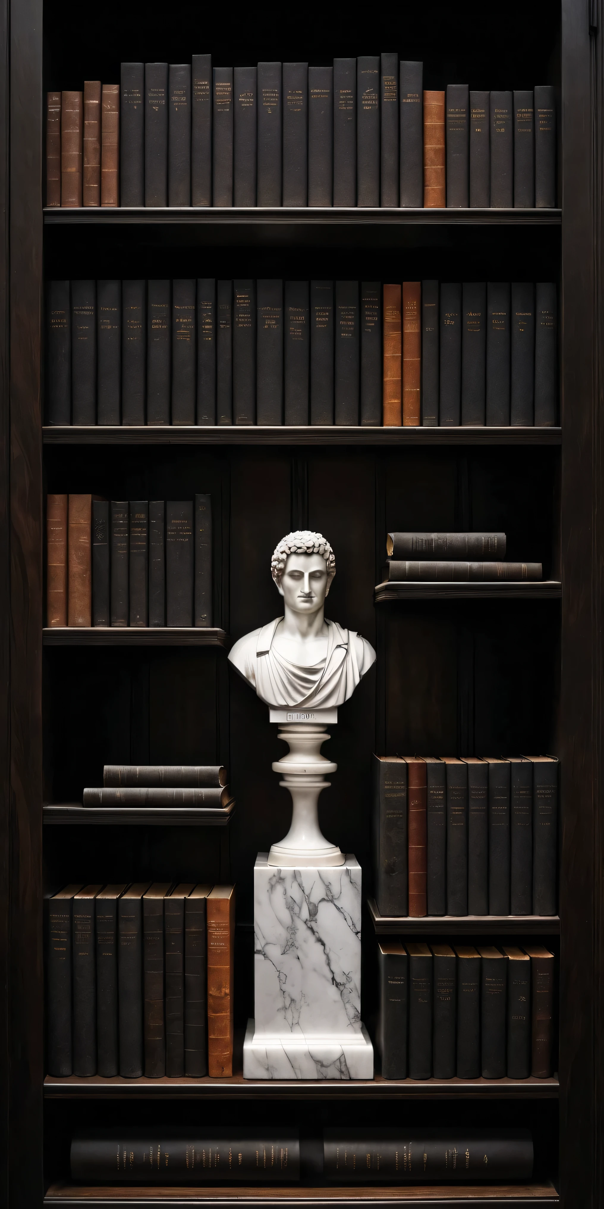 A dimly lit, slightly impressionistic image of a dark wooden bookshelf filled with numerous books. The books are predominantly black or dark gray, with spines showing titles and authors in a variety of fonts. Some books have light-colored text on their covers. A white marble bust of a classical male figure is centrally placed on the shelf. The books are arranged tightly together in neat stacks, and there is a sense of depth created by the layering. Other items are present within the bookshelves. The overall color palette is rich and dark, with a focus on shades of gray, brown, and black. There seems to be some text with light or white backgrounds showing on the book spines. The wood grain of the shelves is subtly visible. The focus is on the books arranged on the shelf, with the statue creating a point of contrast and interest. Include the specific book titles and authors visible. Create a realistic, organized, and aesthetically pleasing representation of a book-filled bookshelf.
