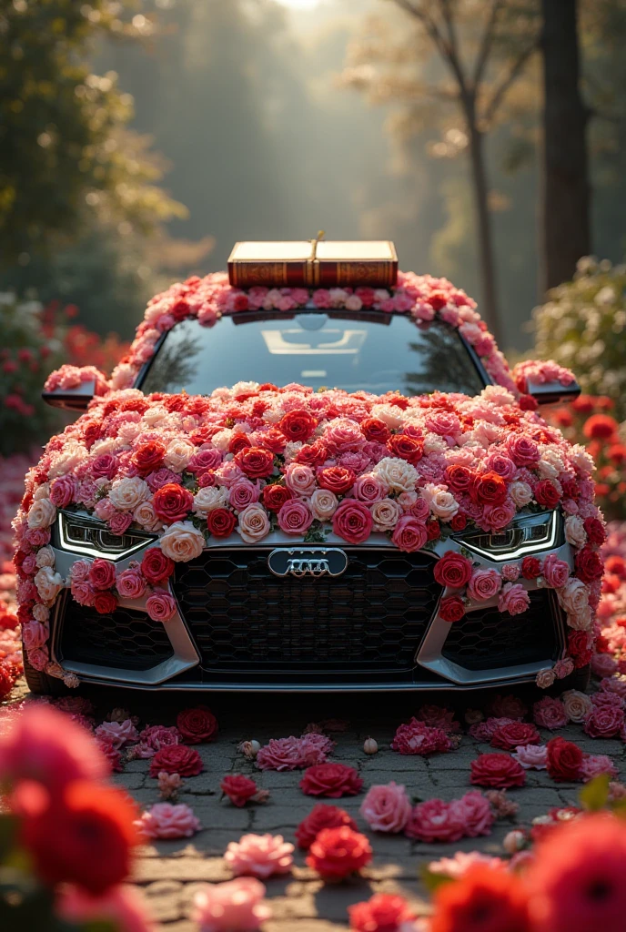 A car wrapped in roses with the Holy Quran on top of it is in a very wonderful place 