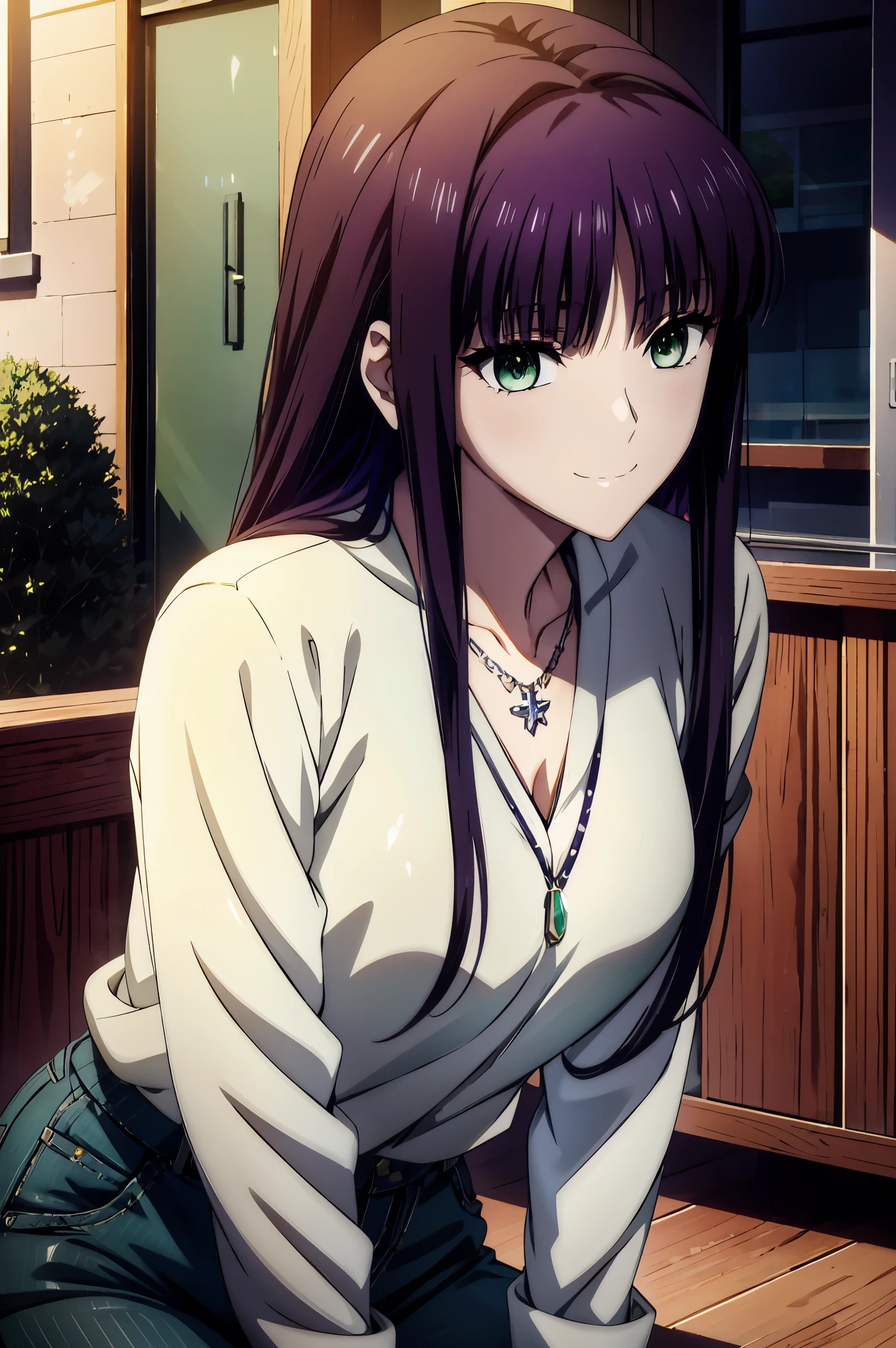 anime girl in white sweater and jeans, Another Iwakura, close up Another Iwakura, destiny アニメスタイル /Stay, Official Anime Scene Pictures , attractive anime girl , anime best girl , A girl with dark hair is wearing her head , cute anime girl, Official Studio Anime Stills , Green Eyes, UHD and 8K Connection , high resolution, Sophisticated CG , high quality shadows, details beautiful delicate face , Beautiful Delicate Eyes ,break( Ultra-fine8K壁紙),( high resolutionの DetailsなCG 8Kの壁紙),Makima ( chainsaw man), Sukasach ( destiny / GRAND ORDER REQUIRED ),Reika Shimodaira , portable , Very Delicate and Beautiful CG Illustration ,最 high quality , Real Feel ,Realistic Fabric, Realistic Texture , beautiful thighs, big breasted 、 slim waist,((( Masterpiece))), (((最 high quality ))),8k,32K, Masterpiece, Beautiful Attractive Anime Woman , Ultra-fine, 非常に Detailsな , high resolution, Super Realistic High School Student , Masseter region , 最 high quality , high quality , high image quality , high qualityのテクスチャ, high quality シャドウ, 高い Details, Details,1 personの少女, high school student seen from the side , alone,I,1 person, alone,1 person, tall ,AS-Adult, adult ,Leg length, beautiful long legs ,8 heads, Statue :171cm, mature girl ,赤 purple hair,赤 purple hair, purple hair, Black Currant Hair , silky smooth hair, colorful hair, 4 Straight Hair ,smile, smiling happily , Vivid Expression ,かわいいsmile,Cool Beauty, beautiful woman with sweaty face, pretty face, Beautiful realism, cross , Bewitching looks ,Quiet look, beautiful hair,She wears a necklace around her neck, necklace, ビーズ necklace ,Magatama Accessories,smile, colorful eyes, Green Eyes,Jade Green Eyes, beautiful eyes, bright eyes,Delicat eyes, Jewel Eyes ,Jade Eyes, droopy eyes ,( Green Eyes:1.5), enchanting face ,175 cm , tall ,outside, outdoor, downtown, walking,赤 purple hair, green eyes