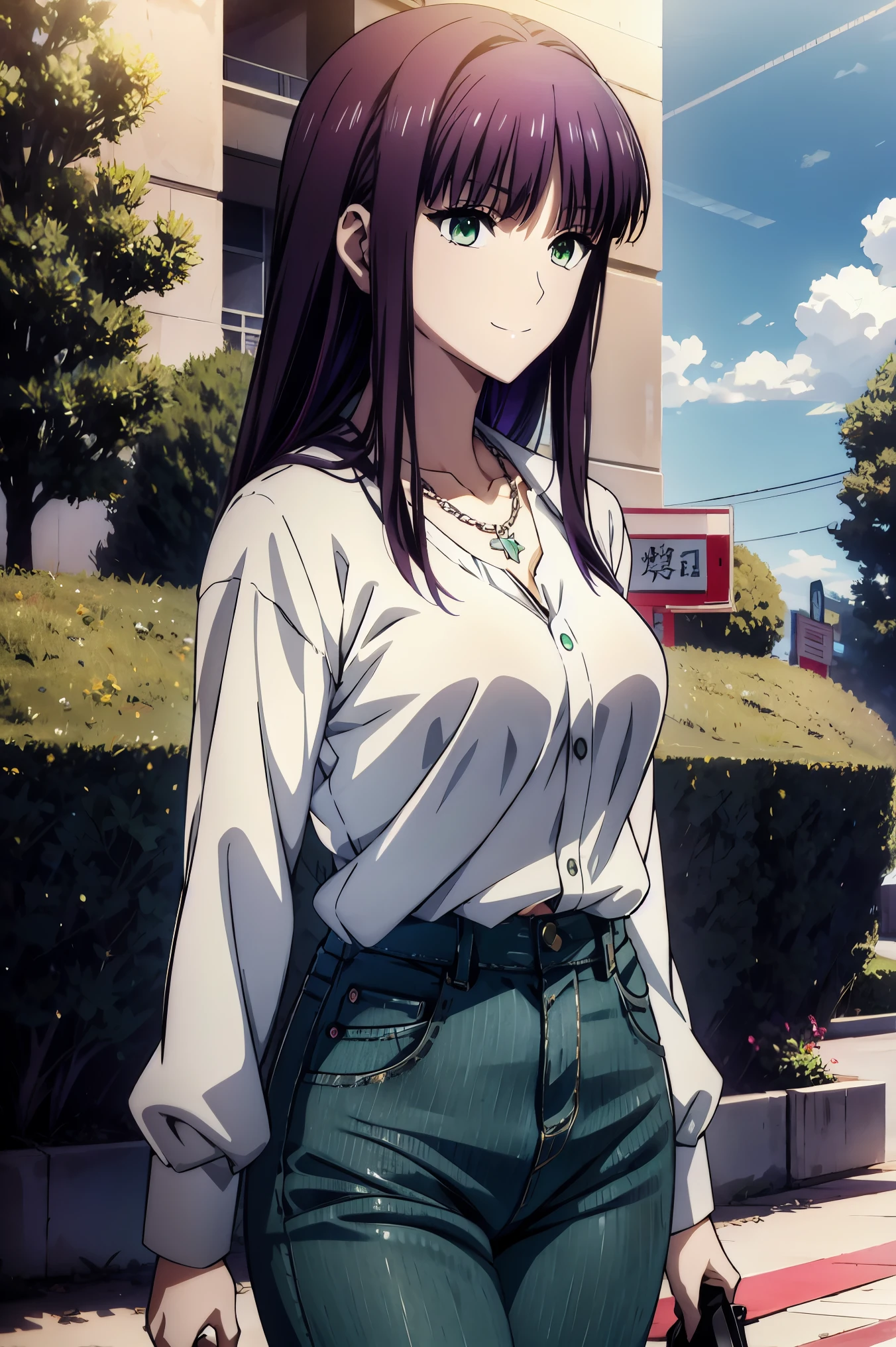 anime girl in white sweater and jeans, Another Iwakura, close up Another Iwakura, destiny アニメスタイル /Stay, Official Anime Scene Pictures , attractive anime girl , anime best girl , A girl with dark hair is wearing her head , cute anime girl, Official Studio Anime Stills , Green Eyes, UHD and 8K Connection , high resolution, Sophisticated CG , high quality shadows, details beautiful delicate face , Beautiful Delicate Eyes ,break( Ultra-fine8K壁紙),( high resolutionの DetailsなCG 8Kの壁紙),Makima ( chainsaw man), Sukasach ( destiny / GRAND ORDER REQUIRED ),Reika Shimodaira , portable , Very Delicate and Beautiful CG Illustration ,最 high quality , Real Feel ,Realistic Fabric, Realistic Texture , beautiful thighs, big breasted 、 slim waist,((( Masterpiece))), (((最 high quality ))),8k,32K, Masterpiece, Beautiful Attractive Anime Woman , Ultra-fine, 非常に Detailsな , high resolution, Super Realistic High School Student , Masseter region , 最 high quality , high quality , high image quality , high qualityのテクスチャ, high quality シャドウ, 高い Details, Details,1 personの少女, high school student seen from the side , alone,I,1 person, alone,1 person, tall ,AS-Adult, adult ,Leg length, beautiful long legs ,8 heads, Statue :171cm, mature girl ,赤 purple hair,赤 purple hair, purple hair, Black Currant Hair , silky smooth hair, colorful hair, 4 Straight Hair ,smile, smiling happily , Vivid Expression ,かわいいsmile,Cool Beauty, beautiful woman with sweaty face, pretty face, Beautiful realism, cross , Bewitching looks ,Quiet look, beautiful hair,She wears a necklace around her neck, necklace, ビーズ necklace ,Magatama Accessories,smile, colorful eyes, Green Eyes,Jade Green Eyes, beautiful eyes, bright eyes,Delicat eyes, Jewel Eyes ,Jade Eyes, droopy eyes ,( Green Eyes:1.5), enchanting face ,175 cm , tall ,outside, outdoor, downtown, walking,赤 purple hair, green eyes