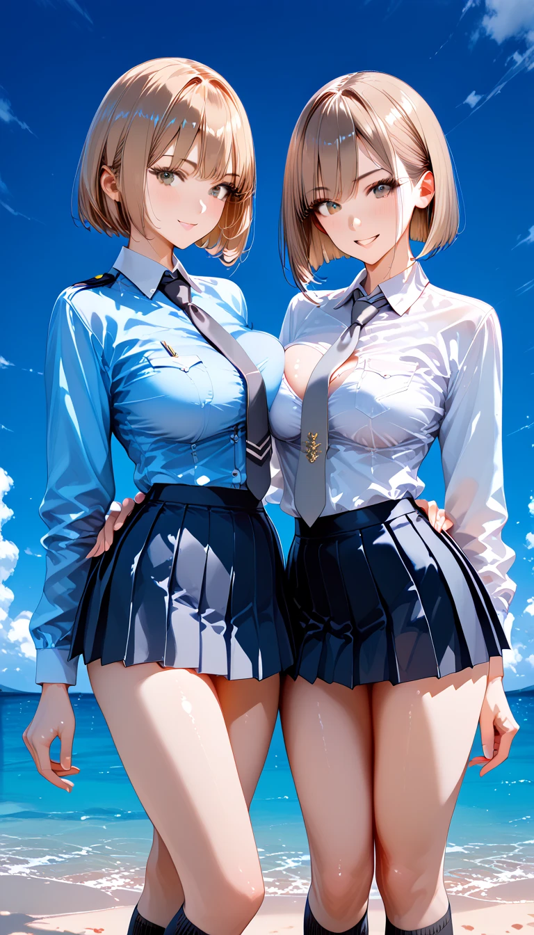 NSFW, masterpiece, (realistic, photo realistic:1.2), ((highest quality), extremely fine and beautiful, beautiful face details, real human skin, realistic, photorealistic, 2girls、smile on face, cow-boy shot. School uniforms, shirt with collar, necktie, huge long breasts, tiny breasts, Naughty thighs, White shirt, Open shirt, White underwear, fingering, female masturbation, (wind, wind lift., Skirt lifted by the wind, Skirt rolled up by the wind, Skirt flutters:1.5), (Fully exposed panties:1.5), (white ribbed panties:1.5), (standing a:1.7)
