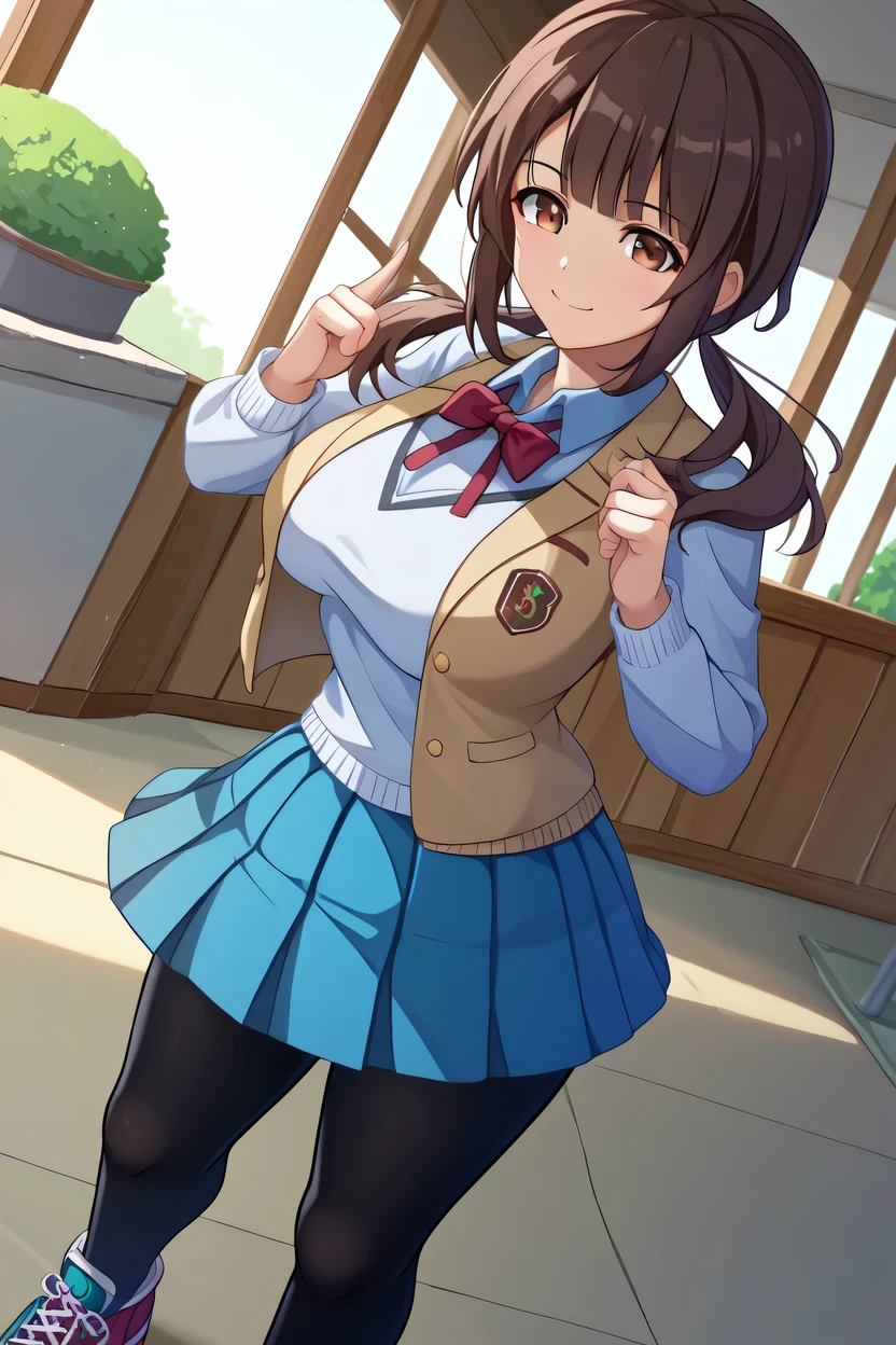 score 9 、score 8 up、score 7 up、score 6 up、source anime、 Masterpiece、 top quality、 high image quality、 high resolution、anime coloring、1woman、 okita sawa 、Alone、 Hair、low twintail hair、blunt bangs、 brown eyes、 white shirt、 collared shirt 、 yellow sweater vest、 blue skirt、 pleated skirt、shirt under sweater vest、Big Breasts、 Extremely Large Breasts 、 black pantyhose、 black tights、 sneakers、 indoor、corridor、smile、standing、Female focus、looking at viewer、 cowboy shot、dutch angle、