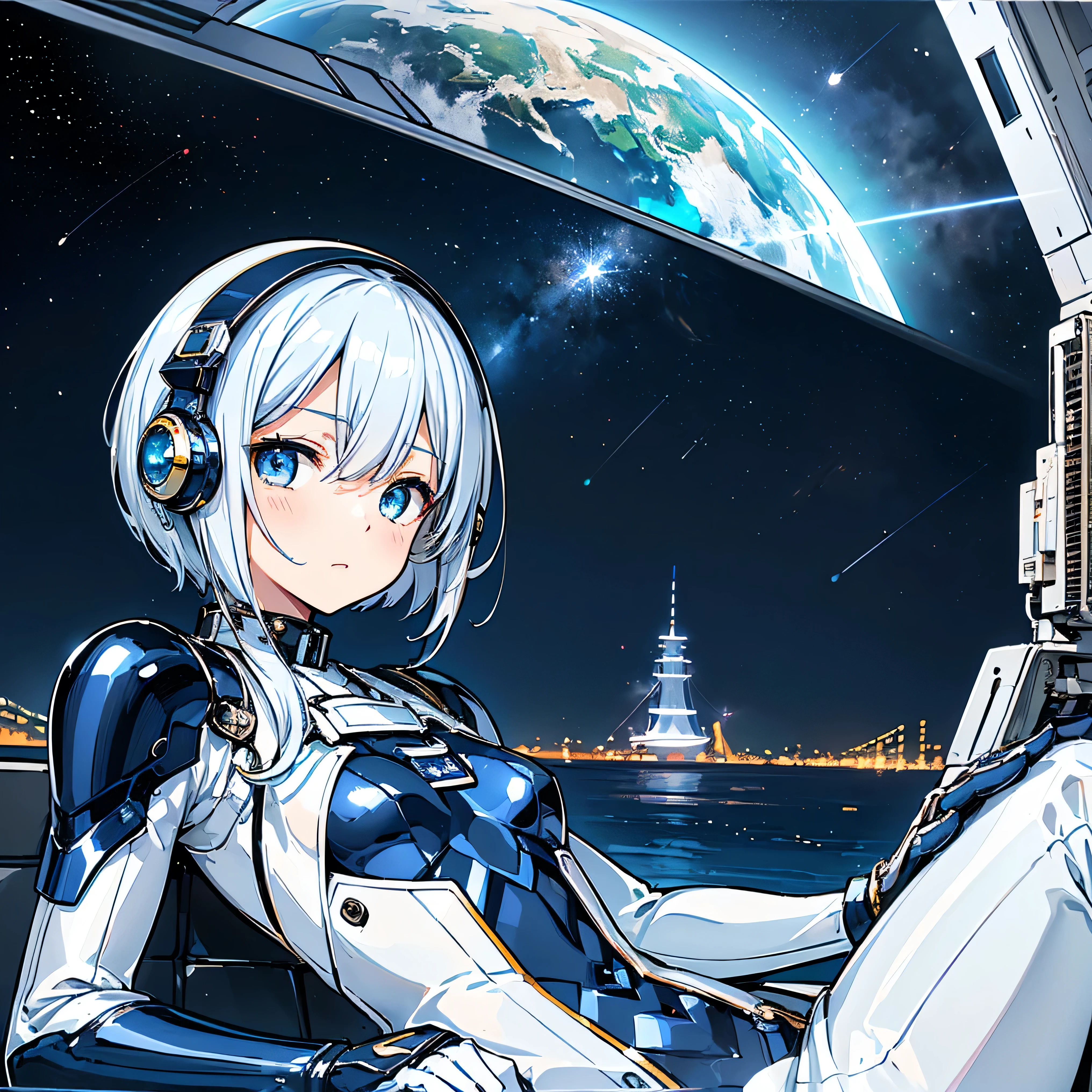 ( Masterpiece、 top quality、 highest resolution、 Clear Images 、 Detailed Details ):(whole body、 20 year old girl、The Face of Japan、Small face、 slim、 dark blue super short bob cut hair 、(Hidden small breasts:1.3)、 Sparkling Blue Eyes 、white and navy blue shiny pilot suit、Chest protection armor、 tight clothes、whole bodyを覆うwhite and navy blue shiny pilot suit、魅力的なwhite and navy blue shiny pilot suit、 fitted pants 、肌を隠すwhite and navy blue shiny pilot suit、 very delicate and beautiful、胸を隠すwhite and navy blue shiny pilot suit、肩を隠すwhite and navy blue shiny pilot suit、 detailed skin、太ももを隠すwhite and navy blue shiny pilot suit、お尻を隠すwhite and navy blue shiny pilot suit、 cute、 gentle smile、 gentle expression、heroine、 headset、 long boots、 elbow length gloves 、Eye shot 、 peace talks between fighting factions 、attention arousal、Clever Blue Eyes 、straight face )、Spaceship、Moon in the background、 Galactic Clouds in the Background 、Meteor Shower、Meteor Shower、Saturn、Neptune、comet