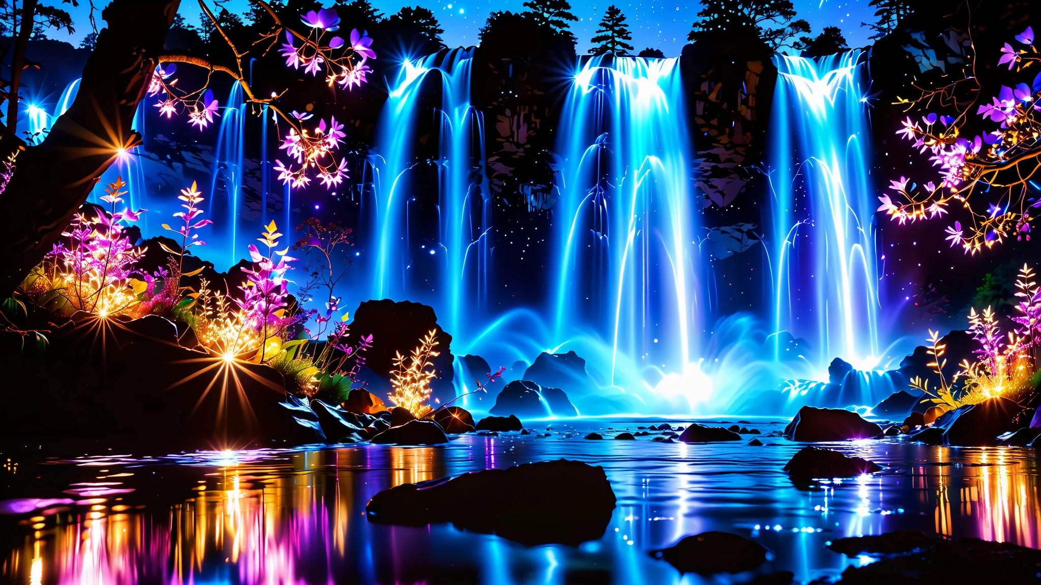 32K Resolution Masterpiece , top quality , super detailed, Official Art, Extremely high resolution 32K wallpaper , beautiful and aesthetic , super detailedな特徴, Awe-inspiring Details . Spectacular Waterfall Falling Directly from the Starry Sky , Falling on Metal , Shining Cliff Surface . Water Shines in Blue and Purple , Holographic Streams Intertwine . The bottom of the valley is bioluminescent flowers and trees々Covered in, Its Leaves Reflect the Light of Water . Floating Spheres of Light Wrapping the Scene , Mysterious Addition , have an otherworldly atmosphere .