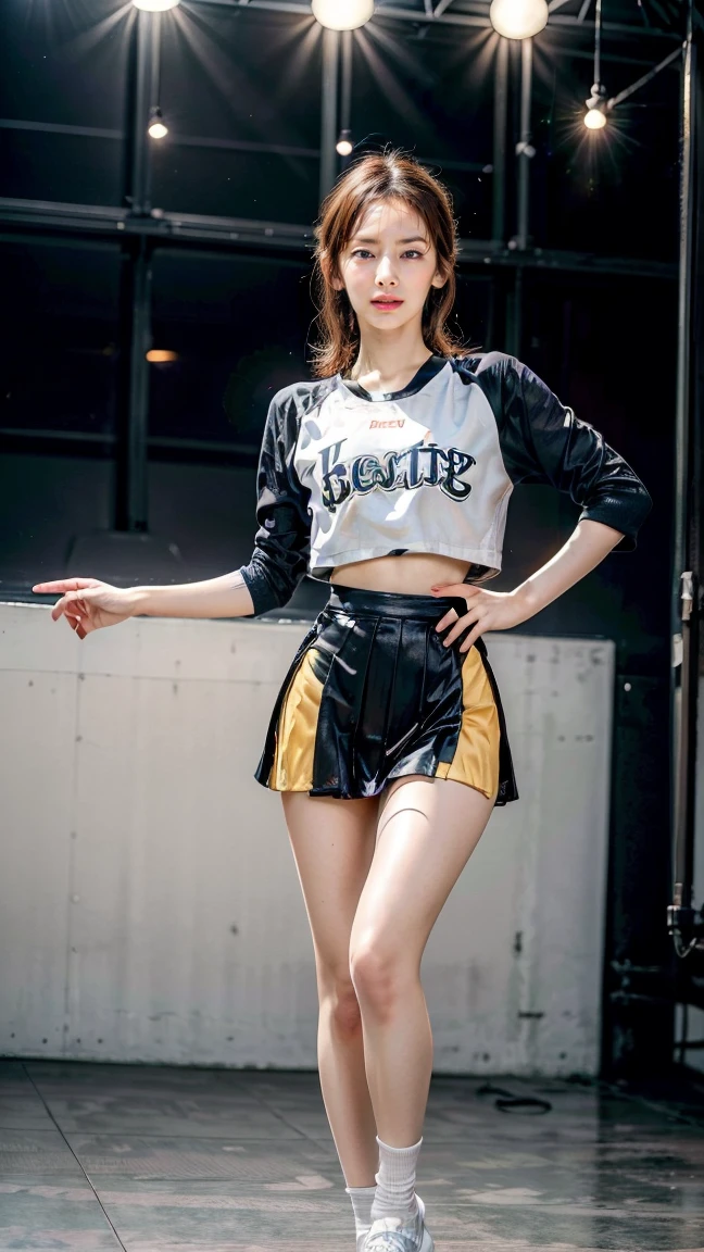 (8k、RAW Photos、Highest quality、masterpiece:1.2)、(Highest quality、Realistic)、1 girl、((Pink and black、See-through、belly button、Fancy twin tails、Hairstyle、ガーターbelt、Arm Covers、Shorts、tights、gloves、belt、ribbon、See through、Thin legs、whole body、boots、Night stage、View from the front、Looking into the camera、Stand with hands on hips))、cute