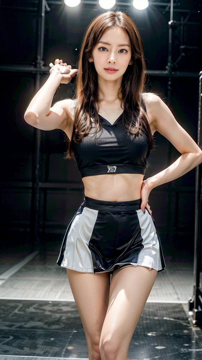 ((realistic illumination,top Quority,8K,tmasterpiece:1.3)),Clear focus:1.2,1个Giant Breast Girl,perfect figure beautiful woman:1.4,Slim abs:1.1,((dark brown hair,The large:1.3)),(Accelerate:1.4),(exteriors,the night:1.1),mall,Super slender face,Fine Eye,二重まぶた,Black and red top,Black shorts,Incredibly Ridiculous res,messy hair,Floating hair,
