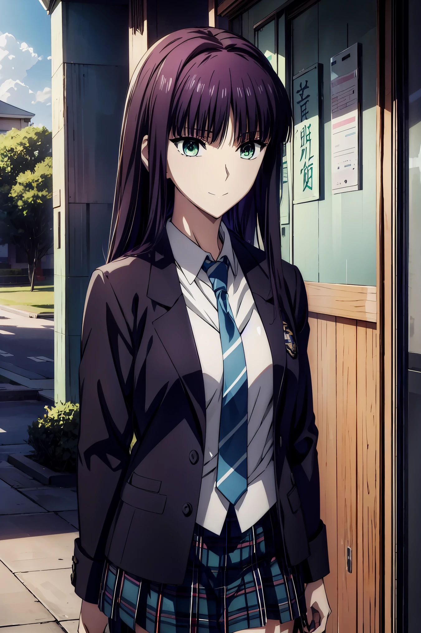 smile face, blazer uniform,赤 purple hair, Green Eyes , eyes like jewels, 超 high resolution, ((( Green Eyes))),赤 purple hair, beautifulアニメ高校の女の子,( Masterpiece:1.2, 最 high quality ), ( exists, photo exists:1.4), beautifulイラスト, ( natural light , Movie Screenplay ), nsfw, watch viewers , COWBOY SHOOTING , Front view of the company :0.6, seat, Japanese, university student の女の子, Perfect Face, beautiful髪, beautiful顔, beautiful and amazing eyes, beautiful鎖骨, beautiful体, beautiful胸, beautiful太もも, beautiful足, beautiful指 , ((( navy jacket ), light blue shirt , details beautiful DEL I'm CATE EYES FULL OF DEC I ON , Black Sox, blue tartan ribbon tie )), ( beautiful風景), evening , Riverside, walk, Smooth animated CG art , 魅惑的な Anime Girl , Let's Make a Girl in a Long Coat , high resolution, very detailedなイラスト, DARK BLUE PLEATED MINISKIRT VIBRATOR , RAW Photo , film grain , are standing , U high resolution and 8K Connection , 長い赤 purple hairと Green Eyesをした Anime Girl , Anime Moe Art Style , 若い Anime Girl の接写, Smooth animated CG art , beautifulアニメの university student の女の子, Anime Moe Art Style , シュールな university student の女の子, Anime Girl , 魅力的な Anime Girl , シュールな university student の女の子, GIRL WITH SHINY CLOTHING , high resolution, CG Details , high quality shadows, beautiful、delicate face、All the details , ディテール beautiful DELICATE EYES FULL OF DECISION,break( high resolution8Kの壁紙 ),(高度に CG Details 8kの壁紙),Makima ( chainsaw man ),Scathach ( destiny / GRAND ORDER REQUIRED ),reika shimohira , high resolution, とても繊細で beautifulCGイラスト,最 high quality , exists Feeling , exists fabric, exists texture,((( debris flies))), (((最 high quality ))),8k,At 32k, Masterpiece, beautiful and charming anime woman , supermarket, very detailed, high resolution,シュールな university student の女の子, Masterpiece, 最 high quality , high quality , Freshness , high quality texture, high quality shadow, high detail, sex , seat, university student , alone,I, alone, alone, ADULT BIB , beautiful長い脚, beautiful胸, beautiful太もも, Tight legs , beautiful leg line , Slender Waist in an Unmanned Bar ,Mature body girl, Big breasts only , beautiful胸,reddish purple hair, purple hair, BLACK CURRANT HAIR , charming Anime Girl , colorful hair, straight hair ,shy smile,幸せそうなsmile, Brilliant appearance ,cute smile,Cool Beauty, beautiful女性, handsome face , beautiful写実性, attractive figure , enchanting face , calm look , beautiful髪,smile, colorful eyes , Green Eyes,Jade Eyes, beautiful目,bright eyes, DELICATE EYES FULL OF DECISION, Jewel Eyes ,Jade Eyes,( Green Eyes:1.5), charming face ,8 heads,:: 174cm,彼女は首に necklace 身に着けています, necklace ,beaded necklace ,Magatama Accessories,smile,