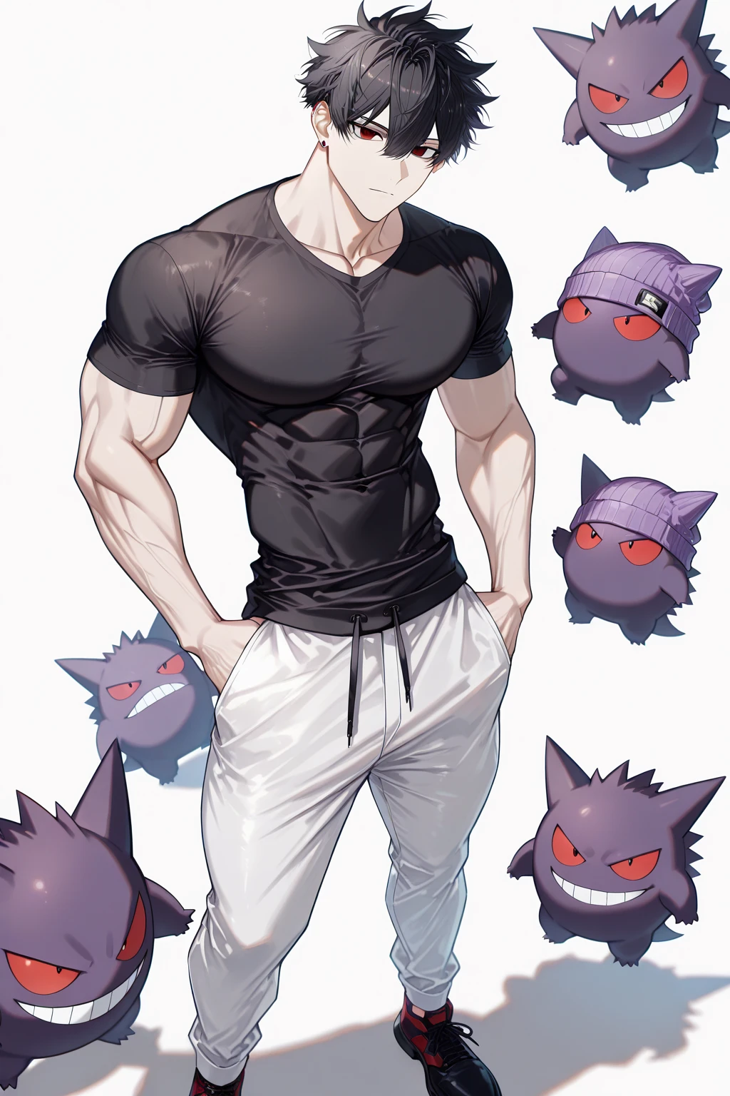Handsome boy with short dark hair and beard with a Gengar (Of pokemon)