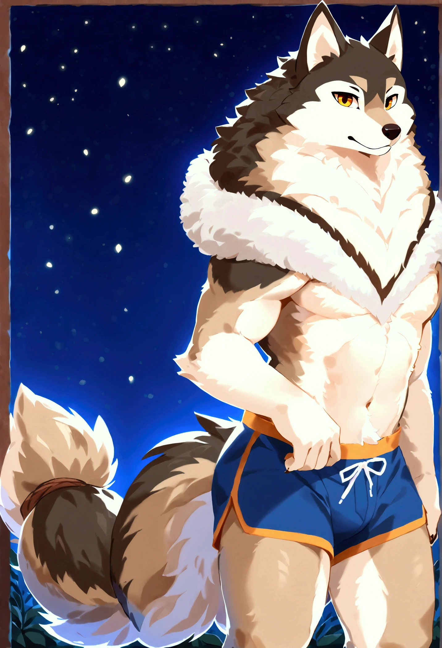 male wolf, smirk, shirtless, jockstrap, night background, starry sky, 