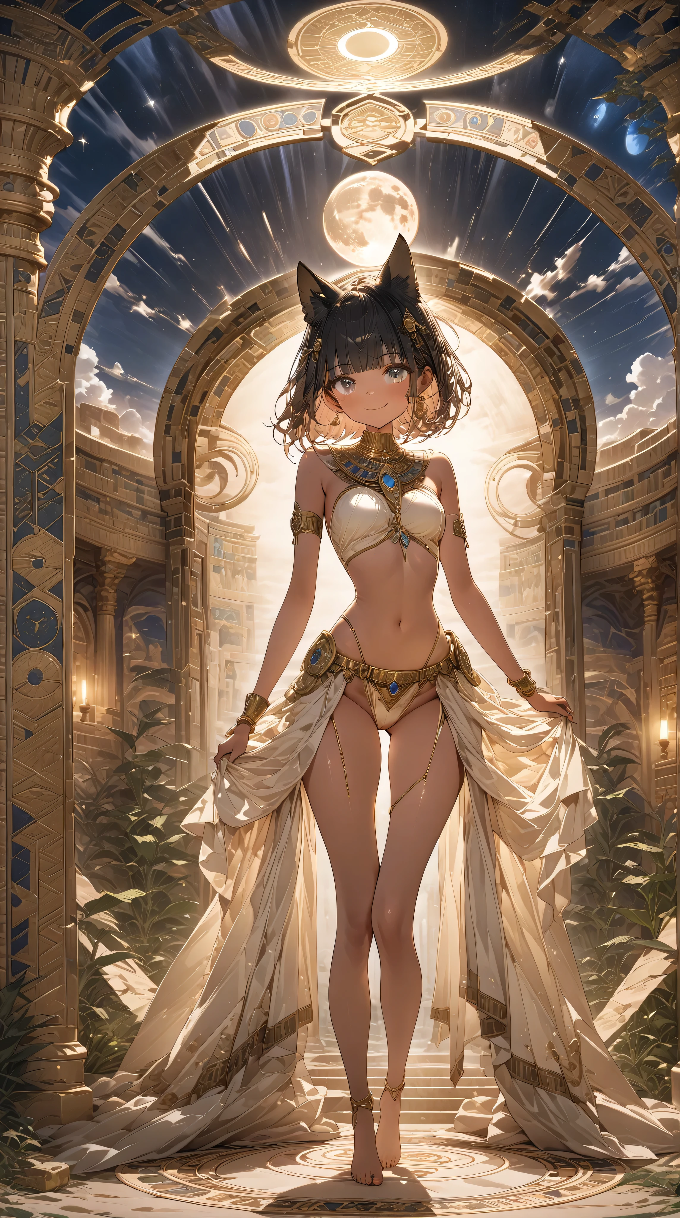 (( Masterpiece, high image quality ,8k)),(( very detailed ,Perfect photo)),( perfect anatomy for the lower abdomen), ((The traditional tarot framework)),Under the image"the Moon"Character,On top of the image 'xVLll”, black hair bob cut in an Egyptian palace,blunt bangs,(woman),((womanのアヌビス)), goddess, chest,( tanned skin :1.5), beautiful eyes, droopy eyes , gray eyes, Inside an Egyptian palace,smile,(( jackal ears)),(symmetrical background),Image of a big moon , Mystery,Art Nouveau,((full body)),from front,barefoot,stand up