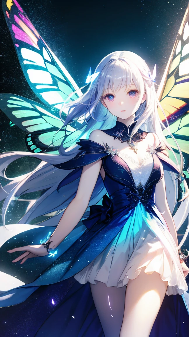 In a mesmerizing light painting photograph, an enchanting luminescent neo-Victorian bioluminescent alien captivates the viewer's gaze. The scene takes place under a moonlit sky, the alien's radiant glow making it appear ethereal and otherworldly. Its delicate, iridescent wings shimmer with an array of pastel blues and pinks, casting a soft and dreamlike glow. Its elongated limbs are graceful and slender, adorned with intricate silver patterns that catch the light beautifully. This high-quality image captures the alien's mysterious beauty and evokes a sense of wonder and fascination.