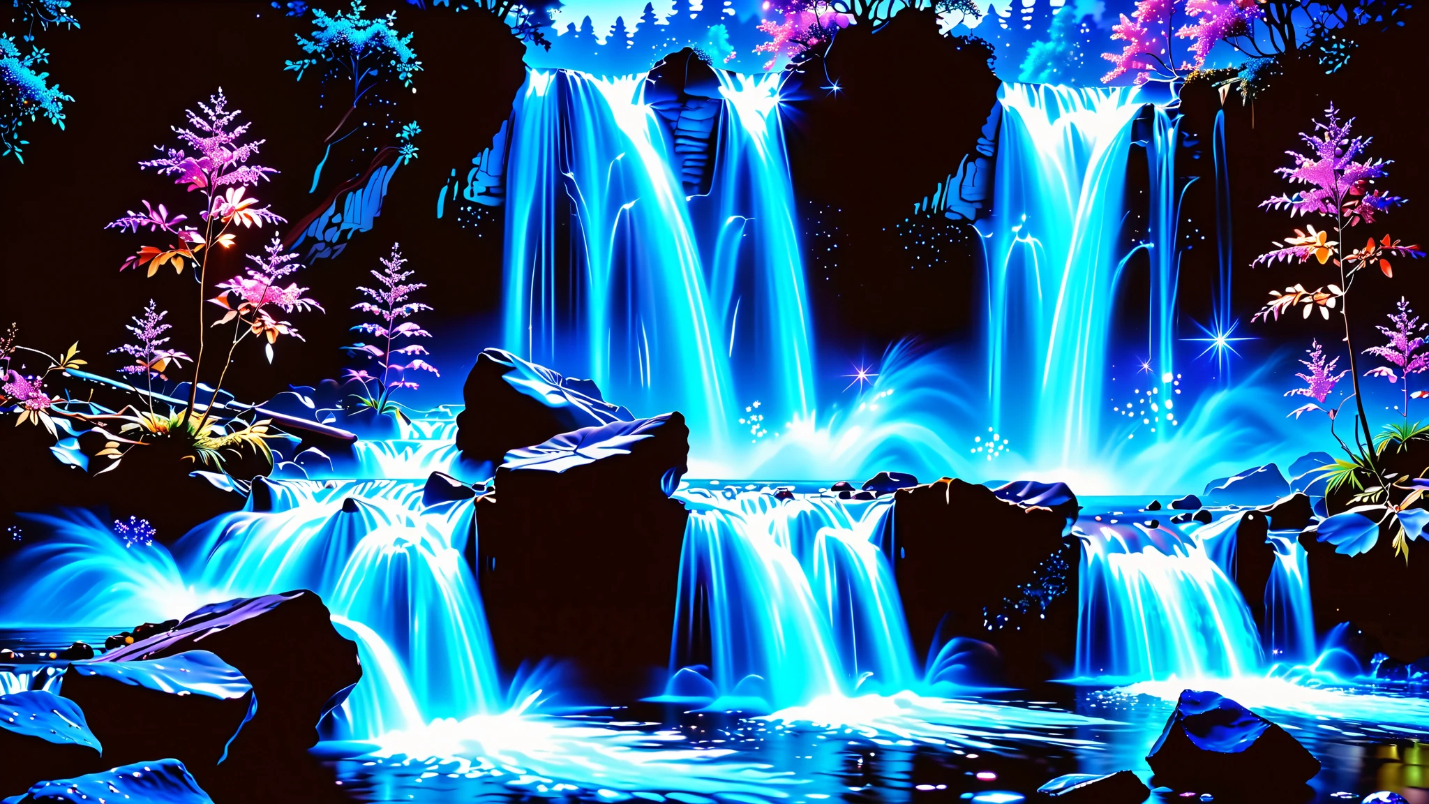 32K Resolution Masterpiece ,  top quality ,  super detailed, Extremely high resolution 32K wallpaper  , the flow of many layers of waterfalls ,  a waterfall shining in cobalt blue luminescence,  super detailedな特徴,  Awe-inspiring Details .  Spectacular Waterfall Falling Directly from the Starry Sky ,  Falling on Metal , Shining Cliff Surface .  Water Shines in Blue and Purple ,  Holographic Streams Intertwine .  The bottom of the valley is bioluminescent flowers and trees々Covered in,  Its Leaves Reflect the Light of Water .  Floating Spheres of Light Wrapping the Scene ,  Mysterious Addition ,  have an otherworldly atmosphere  ., countless stars in the background 々and galaxy clusters ,Mysterious charm,  mysterious atmosphere,