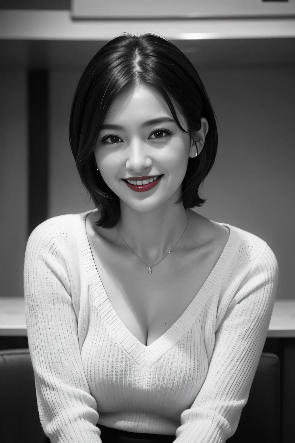 <lora:LoRA-sunlight-sdxl:0.5>yeonhwa,cold color tones,cinematic light and shadow effects,film grain,realistic,solo,looking at viewer, sunbeam,indoors,dark,wall, lipstick,short hair,turtleneck sweater, light smile,