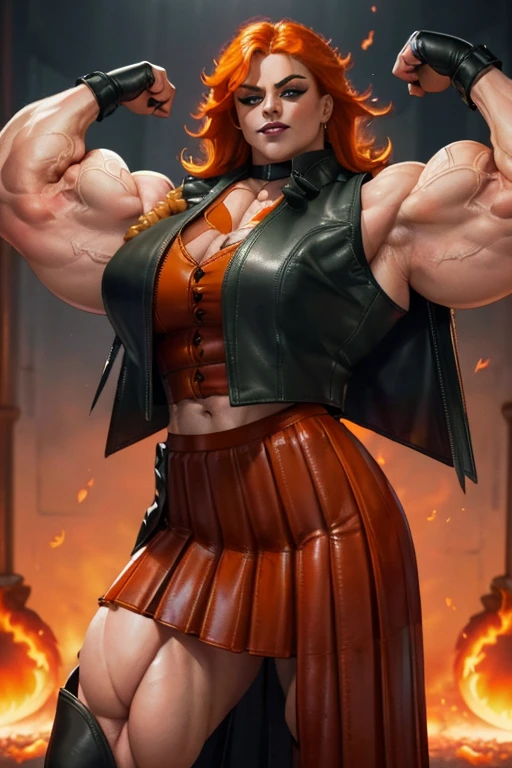 ((((Massive tall, beautiful, buff, pale white skinned muscular woman with orange hair, black lipstick, ginormous bulky muscles, flexing and wearing a orange plaid off-shoulder cropped top and beautiful long pleated skirt)))), (close view), (massive muscles), long shaggy hair, ((chained belt)), green eyes, choker, ((orange plaid off-shoulder cropped top)), belt, ((beautiful long pleated skirt)), thigh high socks, black boots, (at a college dorm room), closed smile, night, massive muscles