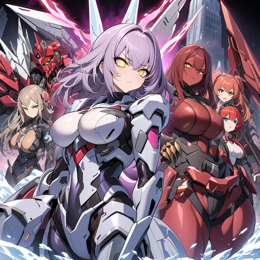 Japanese_anime_style,1figure_girl,(loli:1.5), (short_ponytail:1.3), (light_whitish_purple_hair:1.3),black_mechanical_armor_parts,white_breasts_parts_red_black_body_suit,bare_shoulder,bare_slender_thighs,medium_breasts,on_the_desk, desk_background,Stinging_eyes,(half_pupil:1.5),sleepy,thighhigh_greaves,gauntlets,dynamic_posing,bare_frank,metal_red_parts_armor,red_eye,
fists,hold_weapon,glare,navel,large_mechanical_parts,happy,waist_armor,open_mouth,rise_legs,apart_legs, (covered_navel:1.3),(very_long_bangs:1.3), (hair_over_one_eye:1.5),(long_bang_covers_right_half_of_face:1.5),
(covered_pussy:1.1),covered_breasts,armpits,