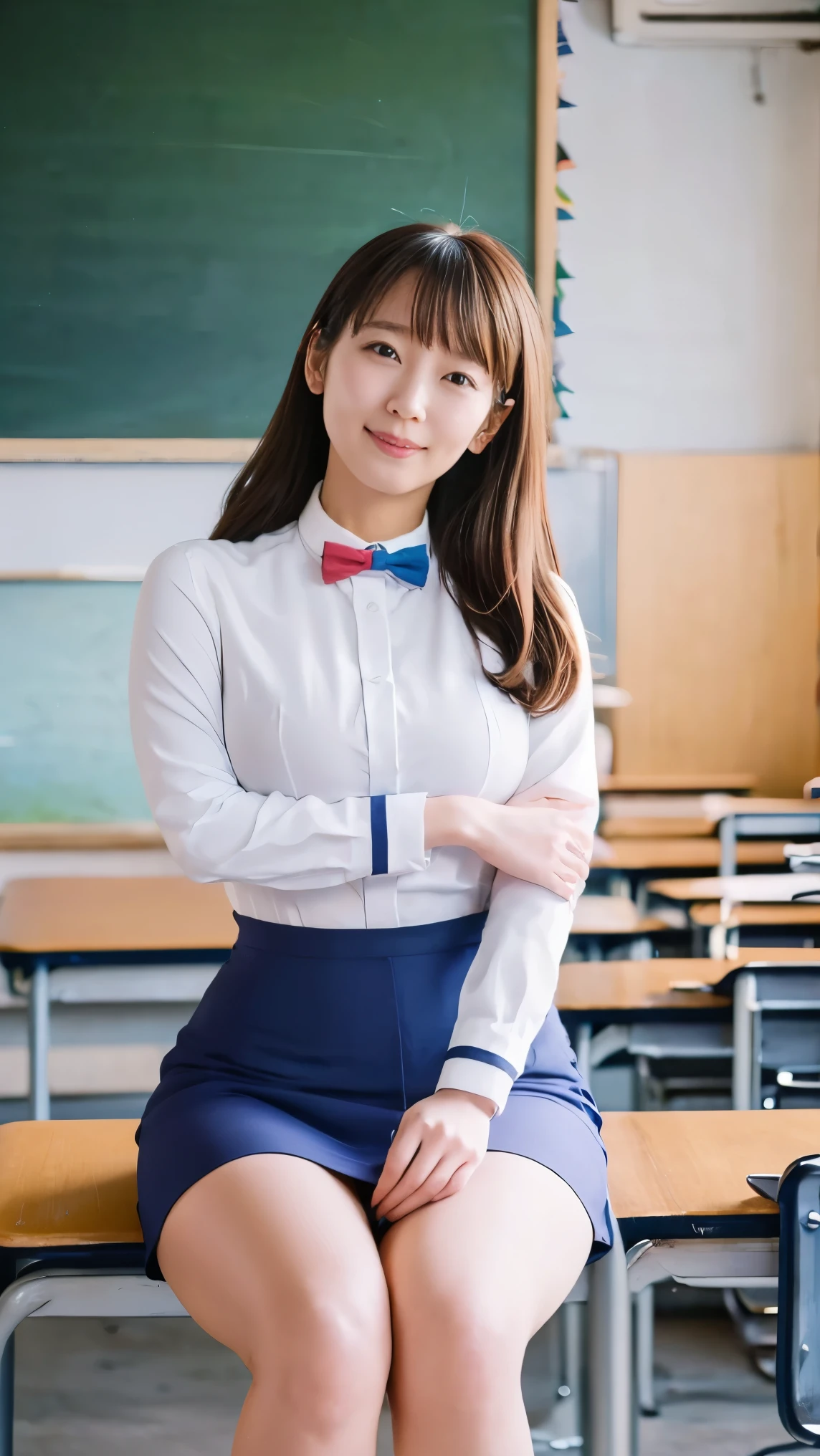 female 1 person、 beauty, beautiful face,smile、,(Tight clothing、 emphasizes body line:1.5) 、(School teacher clothes:1.5), Hall々A stylish appearance , crouches down and watches the audience、( plump style ),(( big breasts)),( Saggy Breasts :1.5)、 front view, Focus on Bust 、 super real, ultra high resolution, top quality,8k, Masterpiece, the cutest Riho Yoshioka、Photographed in a school classroom , valley, white underwear, white bra