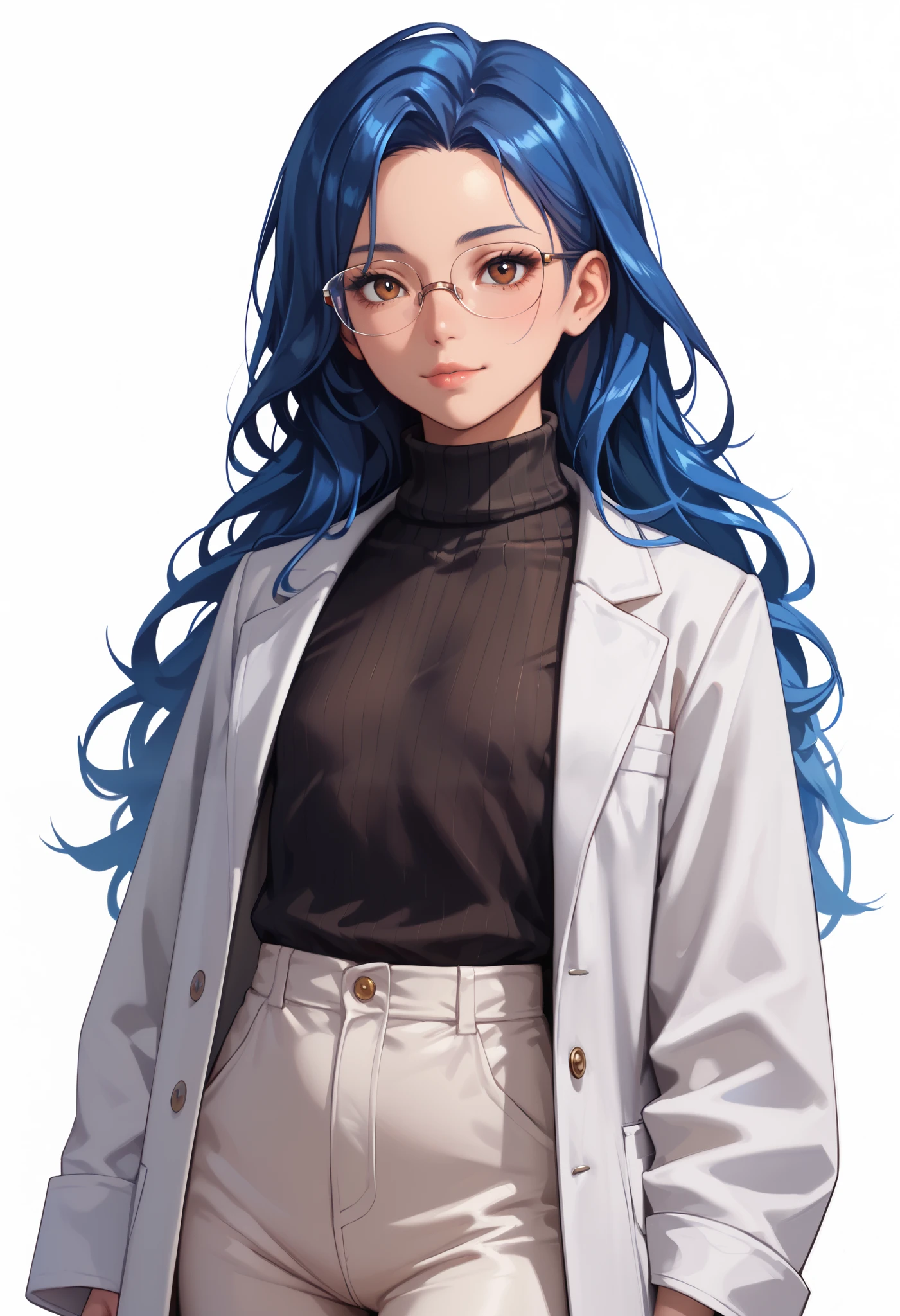 ((White background )) (Curve:1.1) rathing_safe ,((1girl)) , (solo girl) ,((Straight and blue shiny hair)), Slim face (straight blue long hair:1.5), lip stick, (brown eyes:1.2), Age 29 years ((Asia girl)) (Wearing glasses) ((white lab coat:1.4)) ((Black turtleneck t-shirt:1.4)) ((white pants:1.2)) ,(((very thin:1.4))) (very small breast) (Flat chest:1.4) full body