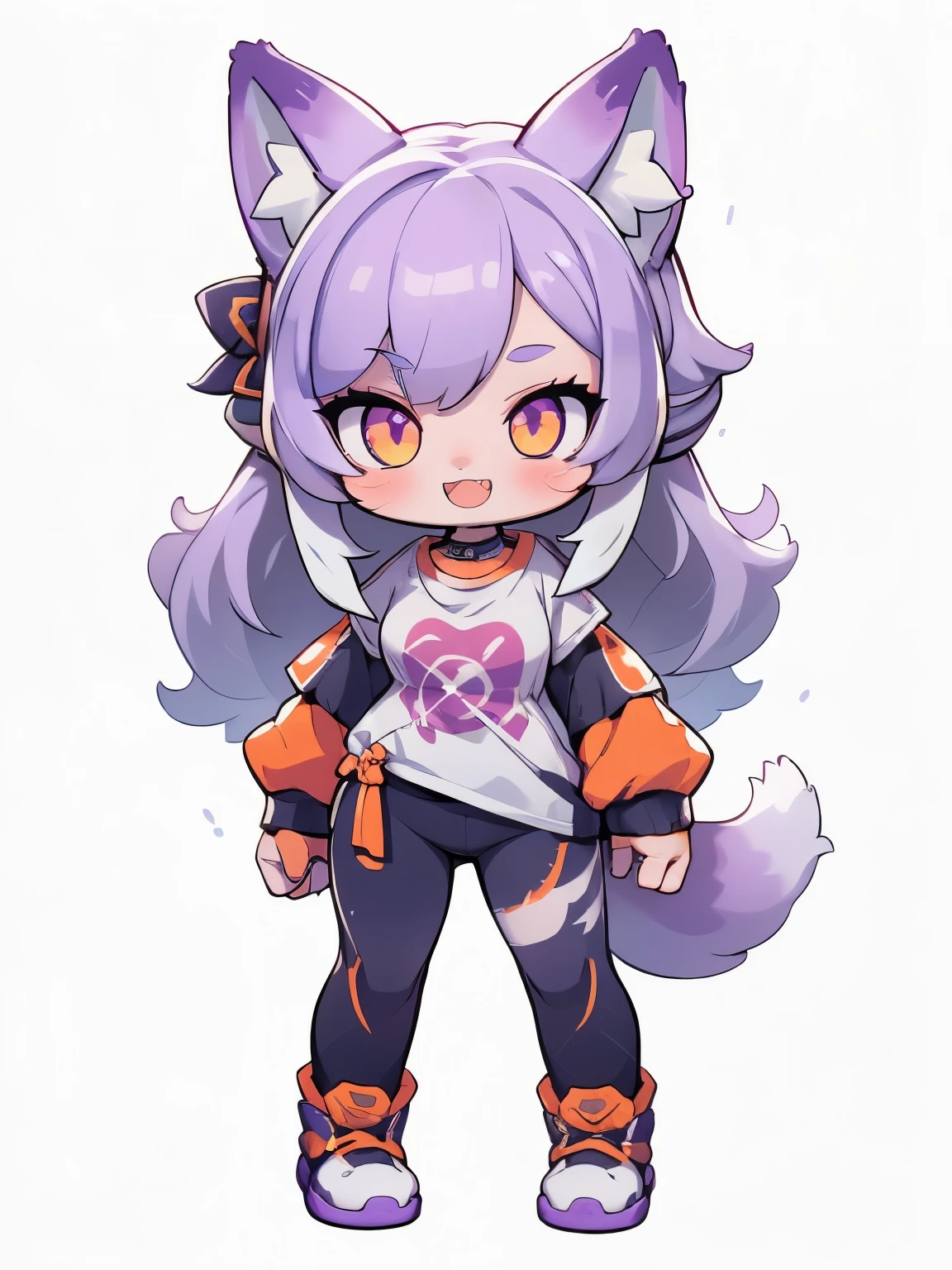  Female hairy purple fox  ,  Fox Ears ,  fox tail ,  workout clothes  ,  wide hips  , White Skin Body ,  simple background ,  full body, standing,  chibi. (Cyberpunk Style), ( masterpiece ,  High quality vaccines ,  borrowed letter , 8k,  high resolution), ((estilo  chibi,  chibi cute)), ( alone,  A girl ), { fox girl, Fox Face, 2 fangs  ,  long lashes,  eyeliner } { fox mustaches  }, (((  Fox skin over body  ,  fox stripes on the body  , visible ears  ))), ((  Long rainbow hair  )),  hair clip , [[ hair clip  Cyberpunk]], ((very happy)), (( open-mouthed)), [Rainbow pupil  ], (( looking up )), ( very small breasts ), thin arms, (  arm down), armpits, ((Mini T-shirt,  full white t-shirt  )), { Calsa Legging brancos }, {{{  mini tiger tail  ,  tail on the back  }}}, (((  Blow from above the body  ))), (((standing))),  white background,  simple background , ((((  Tora-chan style in Hanayome )))), ((  Dazzling vivid color  )),  anime style, Sleeve color  . masterpiece ,  perfect anatomy .