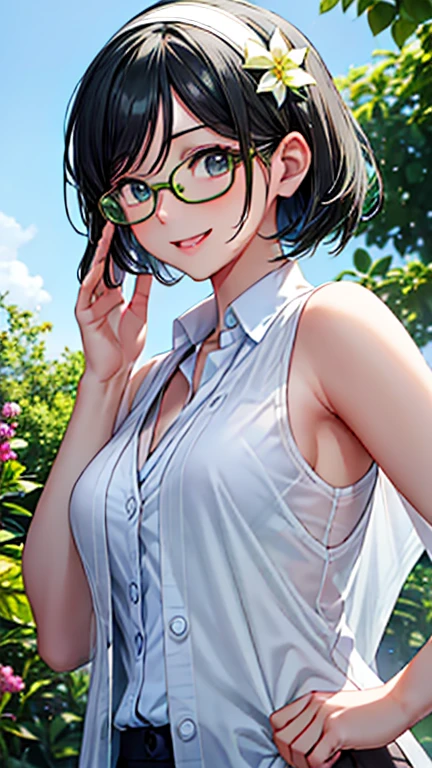 zenin_maki,ponytail,glasses,bangs,green hair,brown eyes,large breasts,slender,(white gym shirt, short sleeve,gym uniform,dark blue buruma:1.3), embarrassed ,blush,masterpiece,Noise Reduction,perfect anatomy,high resolution, ultra-detailed, ultra-detailed face,game cg,dutch angle ,beautiful detailed eyes,visualart,five fingers, perfect hands, perfect lighting, sparkling pupils,