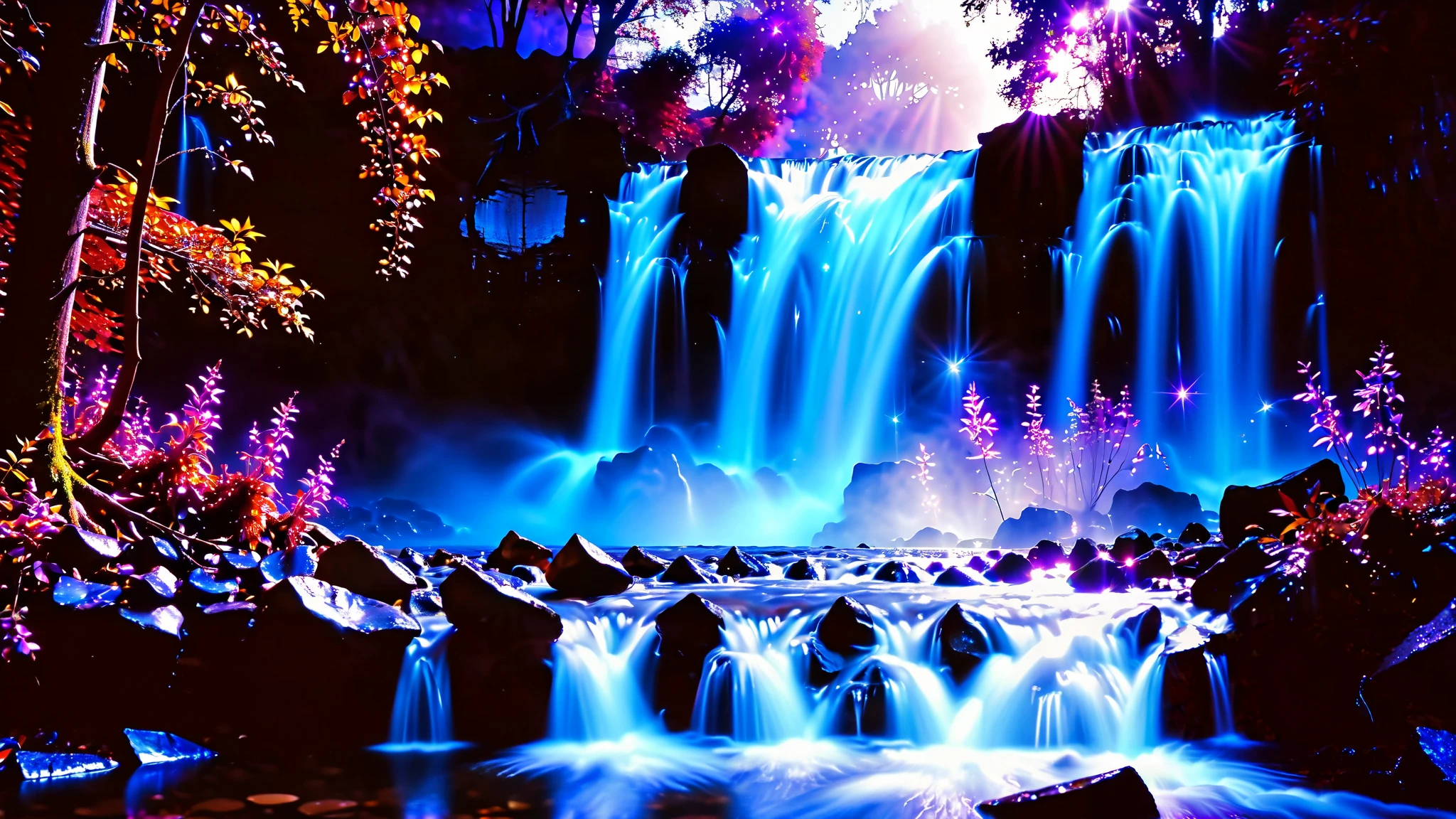 32K Resolution Masterpiece , top quality , super detailed, Extremely high resolution 32K wallpaper , the flow of many layers of waterfalls , a waterfall shining in cobalt blue luminescence, super detailedな特徴, Awe-inspiring Details . Spectacular Waterfall Falling Directly from the Starry Sky , Falling on Metal , Shining Cliff Surface . Water Shines in Blue and Purple , Holographic Streams Intertwine . The bottom of the valley is bioluminescent flowers and trees々Covered in, Its Leaves Reflect the Light of Water . Floating Spheres of Light Wrapping the Scene , Mysterious Addition , have an otherworldly atmosphere ., countless stars in the background 々and galaxy clusters ,Mysterious charm, mysterious atmosphere,