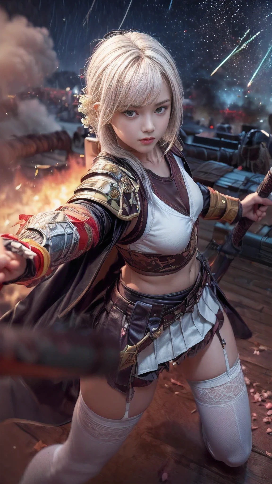 young woman,Oiran,warrior,((wielding a huge_weapon:1.8)) very detailedな, realistic,((seductive smile)),((from above, upper body, looking down:1.3)),((Combat Stance:1.8)),((acrobat angle:1.6)), Brilliant Appearance , Creative Action, extremely detailed, Imaginative, sensual, spontaneous , top quality, skin texture, ((very short hair :1.8)),((white hair:1.8)),((muscular female:1.3)), toned body , plump thighs,((small breasts:1.6)),((sideboob)),((pure white, leather armor :1.6)),(Pure white leather armor :1.6),((pure white archmage robe:1.3 )) ,(( black cloak with scabbard:1.3)), (( pure white ruffled skirt)),Black shin guards,(( garter belt:1.3)) , white tights, absolute domain, intricate details in the tatami room ,((cinematic lighting)),(( Battlefield burning in flames :1.5)),((Dazzling Light)),((Meteor shower:1.4)),((gypsophila background:1.8)), ((gypsophila petals:1.8)), ((gypsophila petals dancing in the wind:1.8)),((Kasumigusa flowers in full bloom are blooming after the subject :1.8)),(( Kasumigusa flowers in full bloom are blooming in front of the subject:1.8)), (confetti), RAW photos , 8k, masterpiece, top quality, ultra detail, very detailed, intricate details in the tatami room , high resolution,超 intricate details in the tatami room, very detailed 8k cg wallpaper,