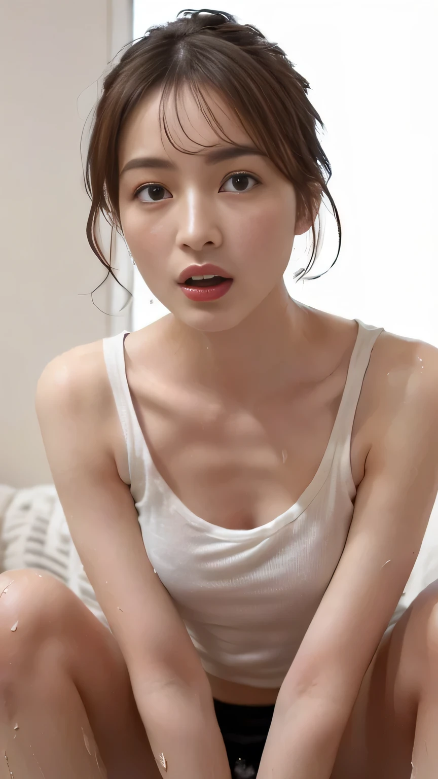 ((best quality, 8k wallpaper, 35 mm lens, Very realistic pictures, high resolution, Detailed face, Detailed skin, masterpiece)), Natural Light, A beautiful Japanese woman is staring at the lens with frightened eyes and shouting to stop, 40 years old, (short bob hair style:1.2), Petite, delicate, small face, Thin face, Wrinkles around the eyes, (Brow wrinkles:1.5), slim waist , Impressive eyes, eyes seeing the lens, (open your mouth:1.3), (very small breasts:1.3), (Scared:1.3), (see-through soaked tank top clinging to skin:1.5), violent atmosphere, (covered_nipples:1.3), (vagina:1.5), (anatomically correct), sitting on a chair, (だらしなく脚を開いて:1.4),