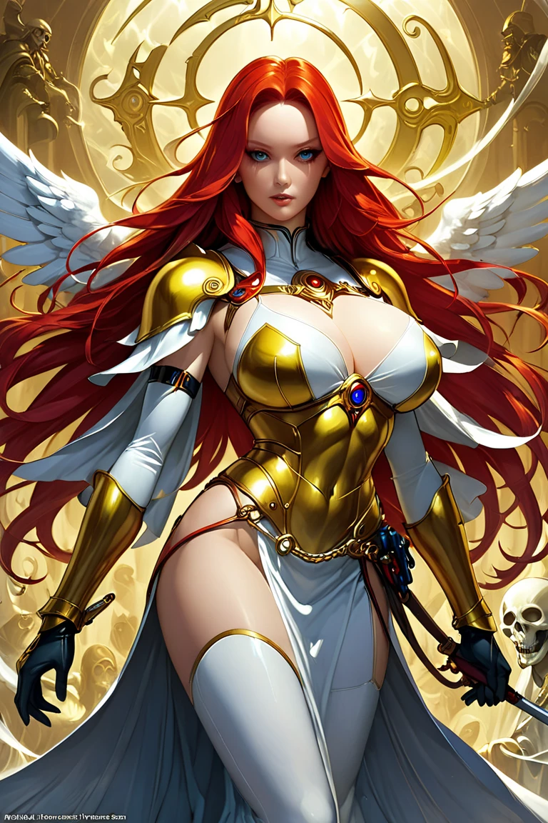 Best quality, 8K,woman vintage super hero, beautiful and detailed face, red curly long hair,gold tiara, big eyelashes,big angel´s wings,LOOKING TO observer,silver metalic armour over bodystocking, SHINY GLOSSY PANTYHOSE,armlets,black belt,over the knee boots,white neutral scenario