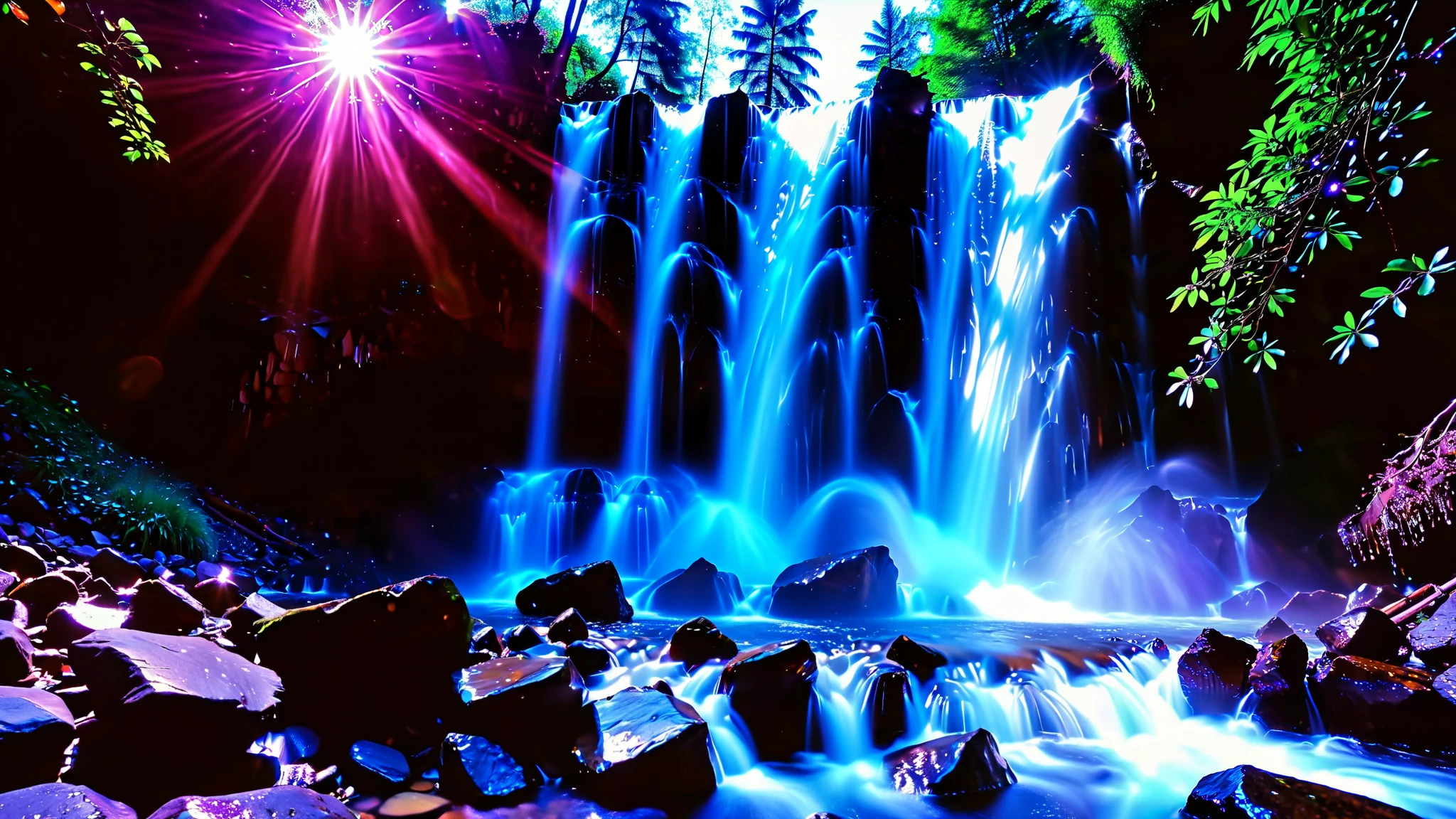 32K Resolution Masterpiece ,  top quality ,  super detailed, Extremely high resolution 32K wallpaper  , shot with a fisheye lens , the flow of many layers of waterfalls ,  a waterfall shining in cobalt blue luminescence, The rock shines fluorescent green , super detailedな特徴,  Awe-inspiring Details .  Spectacular Waterfall Falling Directly from the Starry Sky ,  Falling on Metal , Shining Cliff Surface .  Water Shines in Blue and Purple ,  Holographic Streams Intertwine .  The bottom of the valley is bioluminescent flowers and trees々Covered in,  Its Leaves Reflect the Light of Water .  Floating Spheres of Light Wrapping the Scene ,  Mysterious Addition ,  have an otherworldly atmosphere  ., countless stars in the background 々and galaxy clusters ,Mysterious charm,  mysterious atmosphere,
