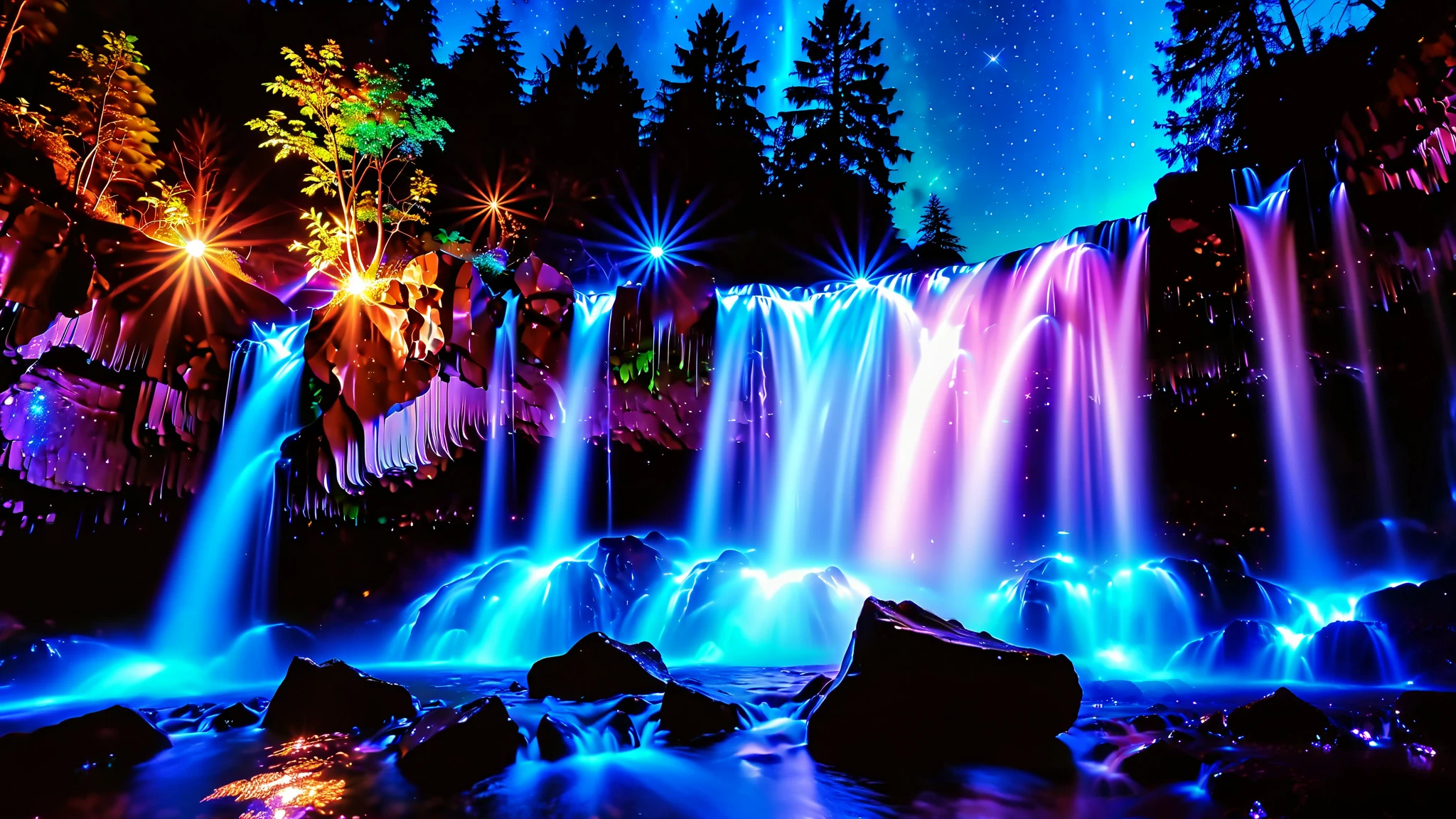 32K Resolution Masterpiece ,  top quality ,  super detailed, Extremely high resolution 32K wallpaper  , shot with a fisheye lens , the flow of many layers of waterfalls ,  cobalt blue luminescent waterfall, The rock shines fluorescent green , super detailedな特徴,  Awe-inspiring Details .  Spectacular Waterfall Falling Directly from the Starry Sky ,  Falling on Metal , Shining Cliff Surface .  Water Shines in Blue and Purple ,  Holographic Streams Intertwine .  The bottom of the valley is bioluminescent flowers and trees々Covered in,  Its Leaves Reflect the Light of Water .  Floating Spheres of Light Wrapping the Scene ,  Mysterious Addition ,  have an otherworldly atmosphere  ., countless stars in the background 々and galaxy clusters ,Mysterious charm,  mysterious atmosphere,
