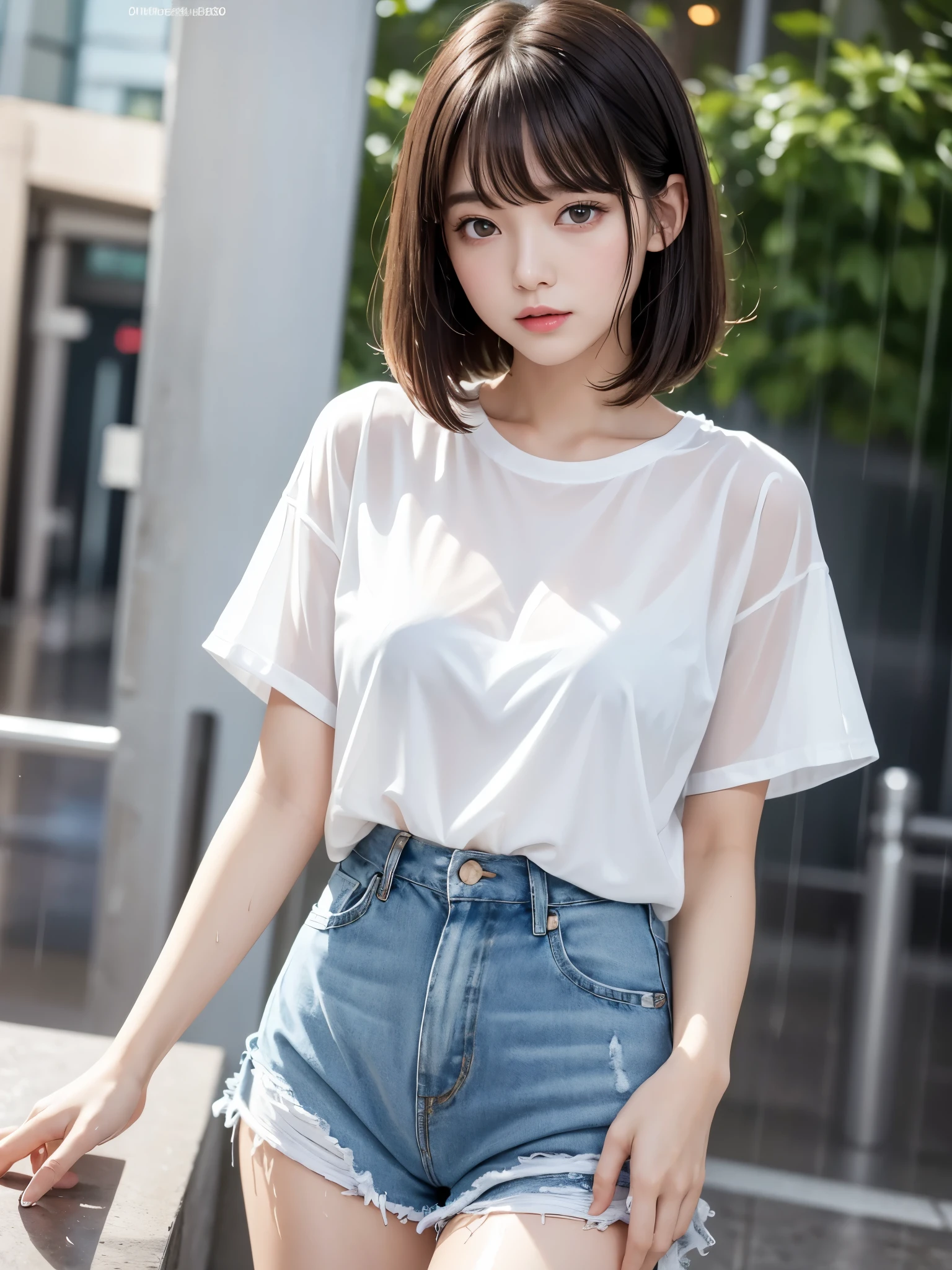 beautiful girl, sitting on the street, wearing a short shirt, see-through underwear, no pants, elegant face, smooth skin, bright sunlight, the photo exudes youthfulness and vitality of a teenage girl. The shirt has shiny leather material and beautiful colors. The girl's shirt has rainbow colors and detailed brocade embroidery. The photo focuses on the girl's crotch.